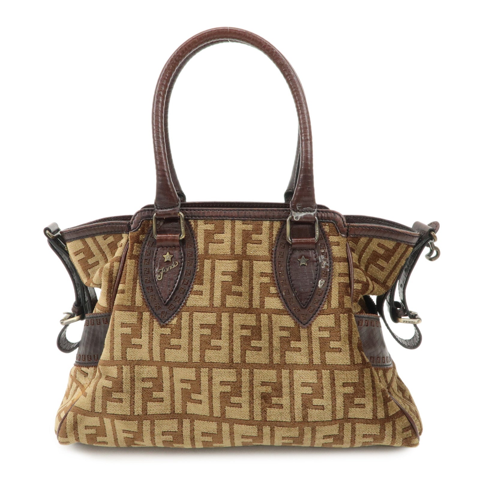 FENDI Suede Leather Ethnico Tote Bag Shoulder Bag Brown 8BN157