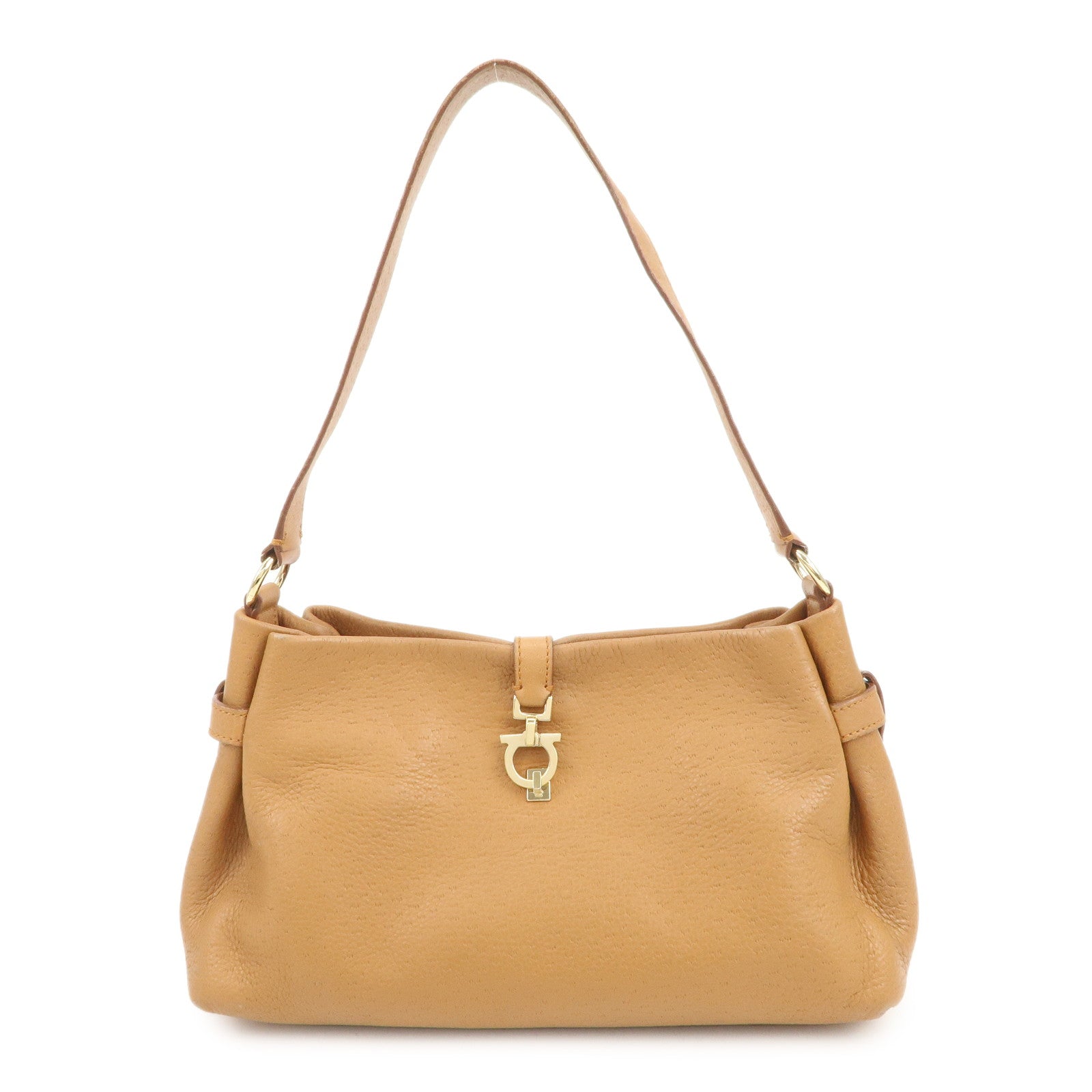 Ferragamo Gancini Leather Shoulder Bag Hand Bag Brown Gold