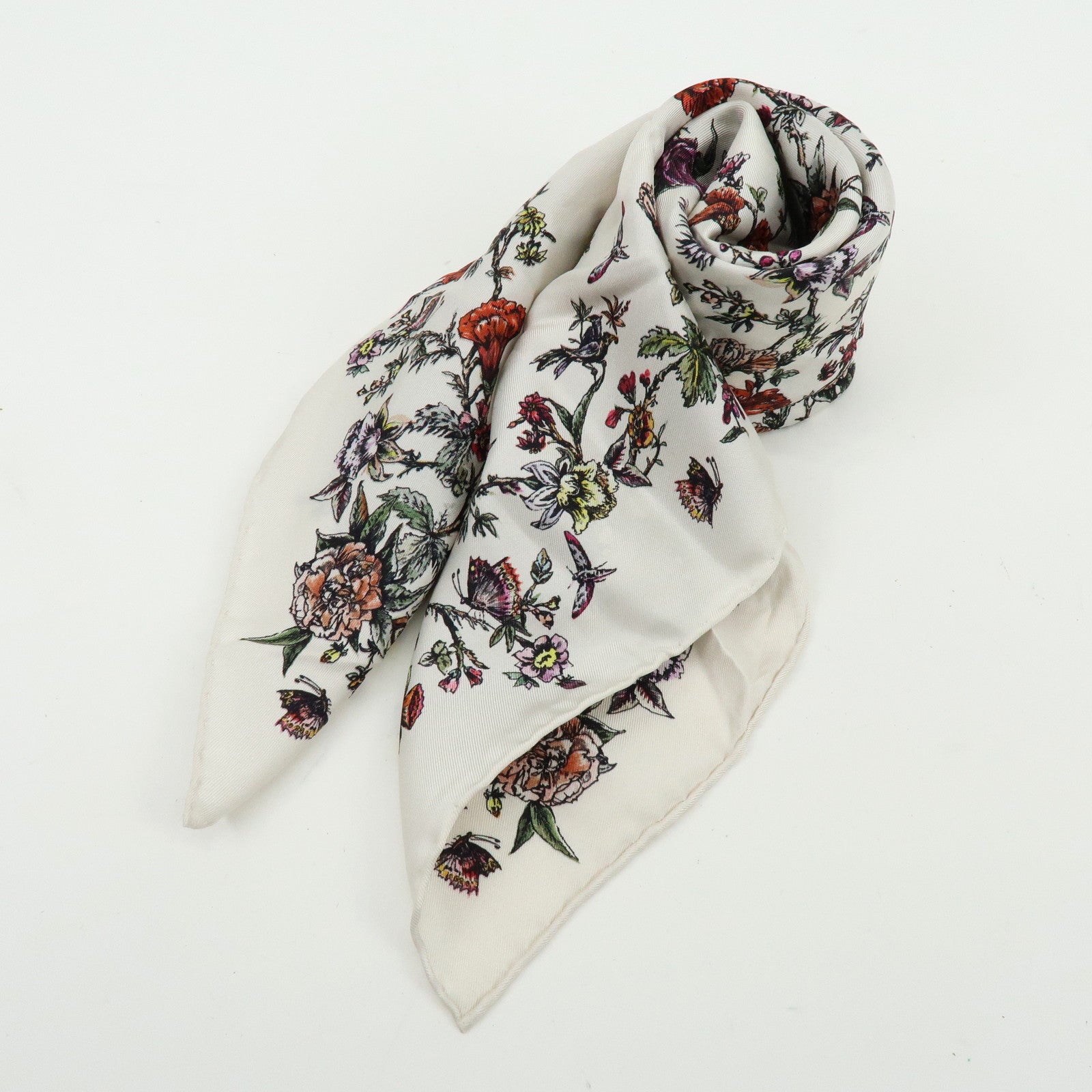 Christian Dior Flower Motif Silk 100% Scarf Ivory Multicolor