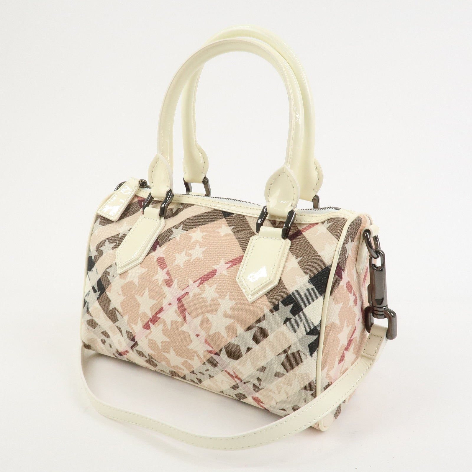 Burberry PVC Canvas Patent Leather 2Way Bag Hand Bag Beige Ivory