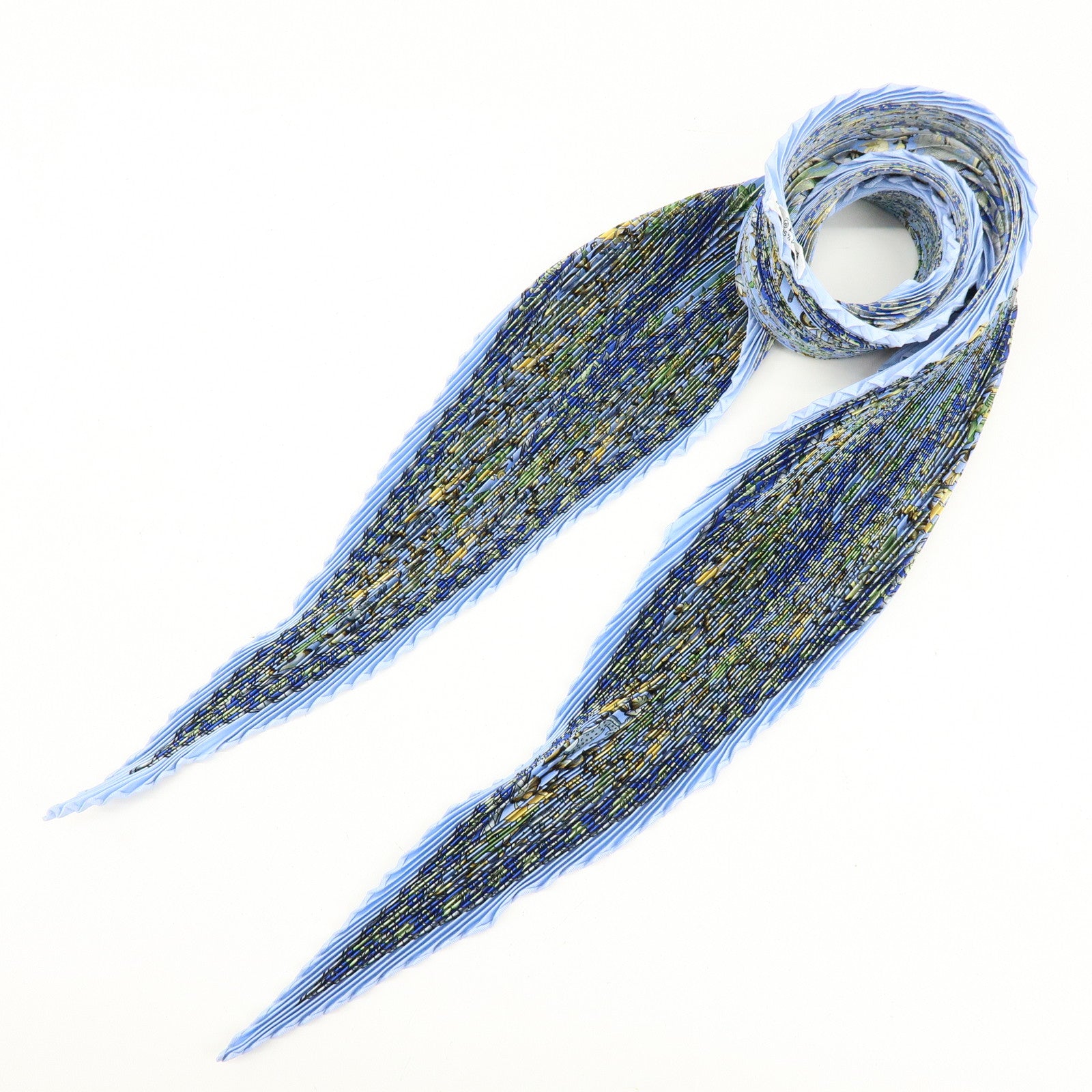 HERMES Pleats Carre Silk 100% Scarf CHASSE EN INDE Blue