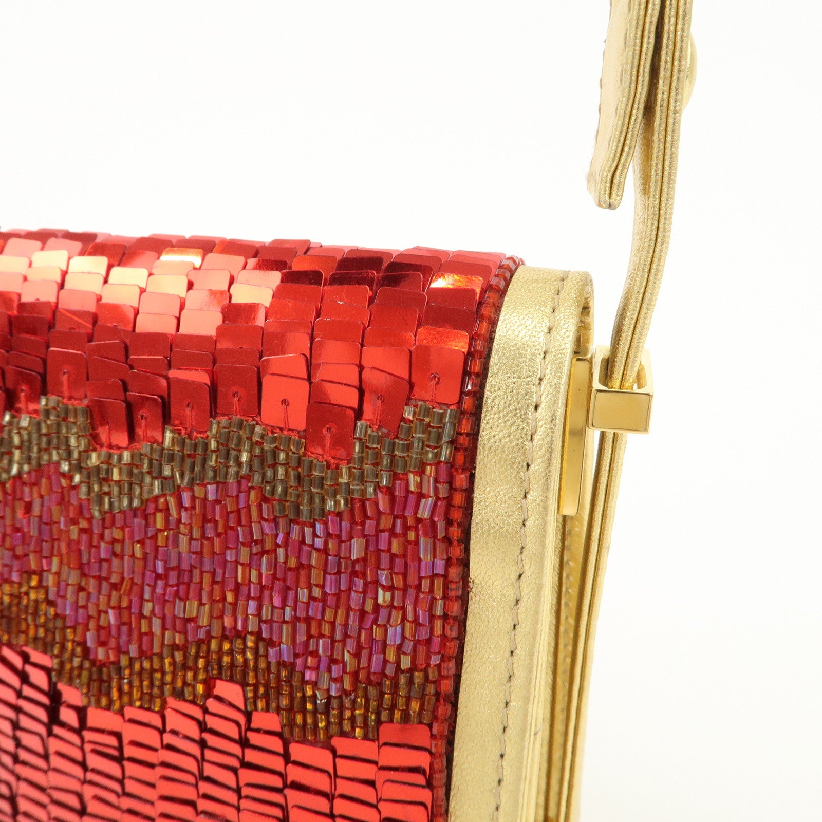 FENDI Leather Sequin Shoulder Bag Crossbody Bag Gold Red Purple