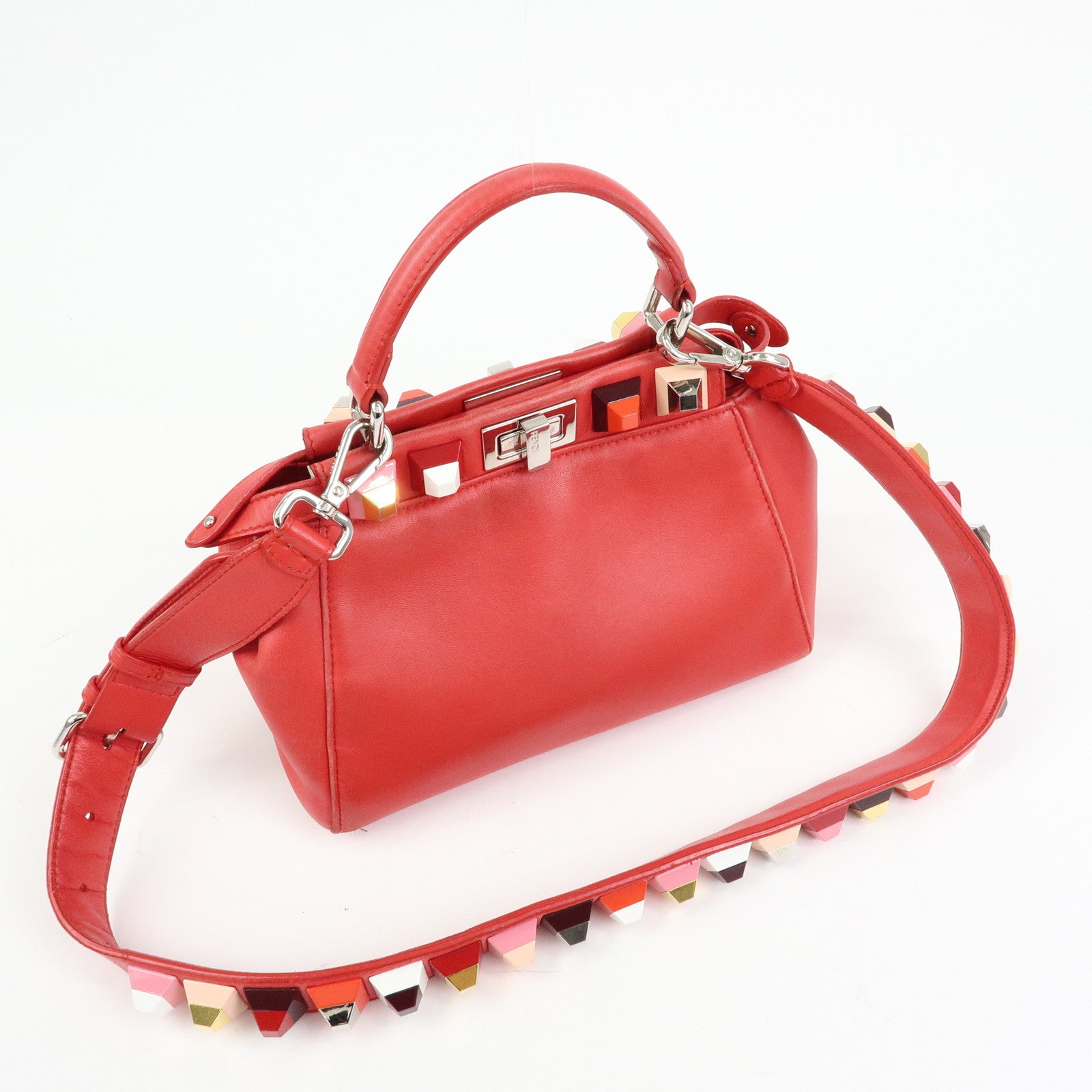 FENDI Peekaboo Mini Leather 2Way Shoulder Bag Hand Bag Red 8BN244