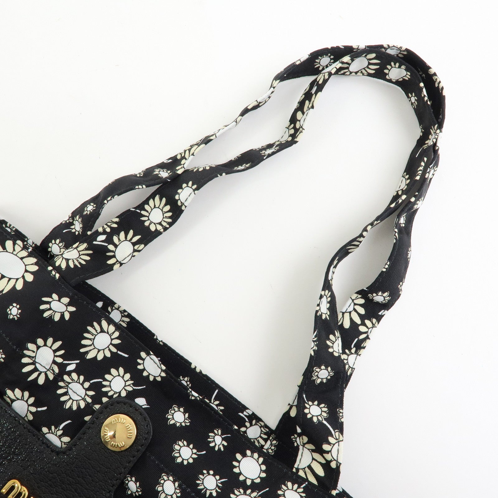 MIU MIU Nylon Leather Tote Bag Eco Bag Hand Bag Flower Print Black