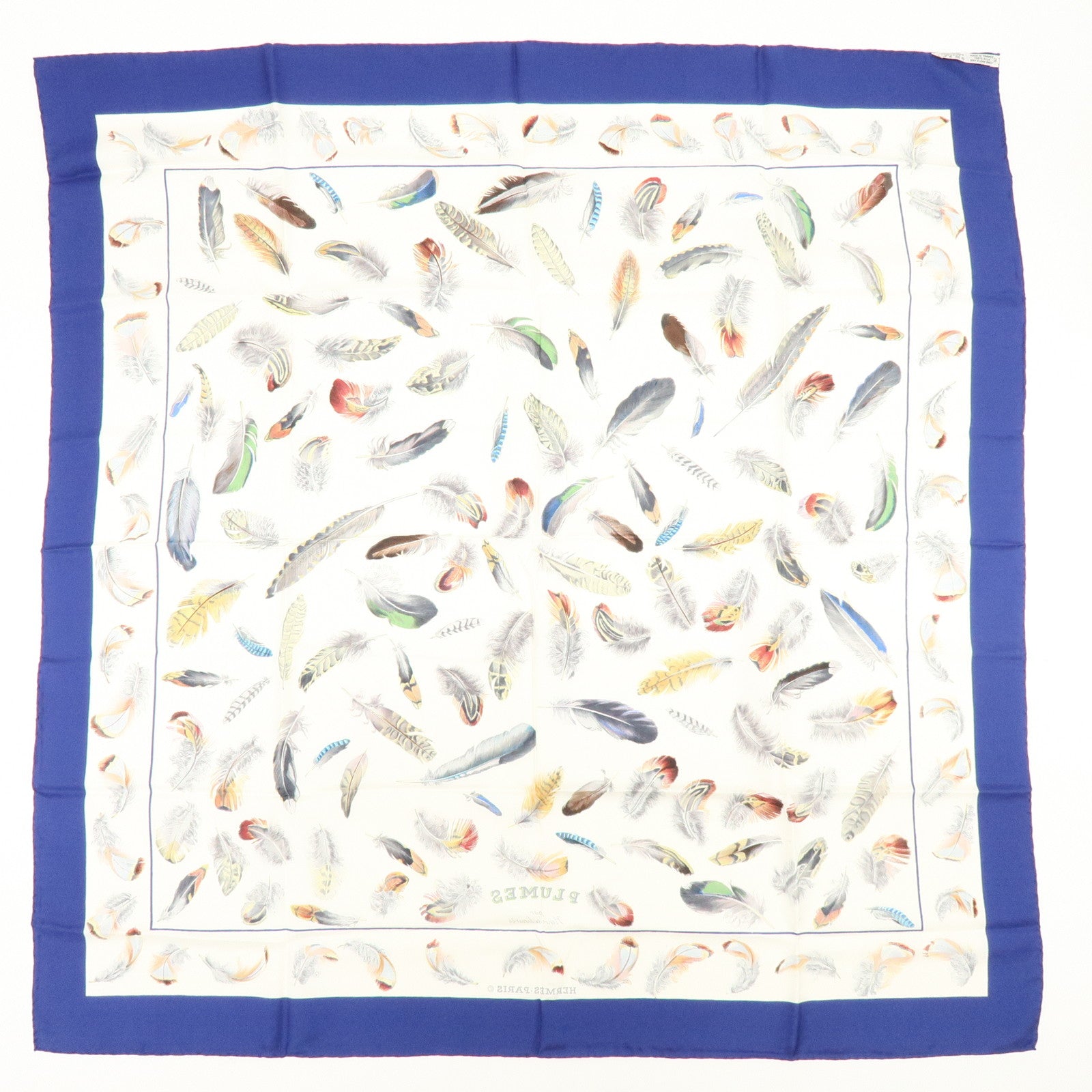 HERMES Carre 90 100% Silk Scarf PLUMES Feather Print Blue White