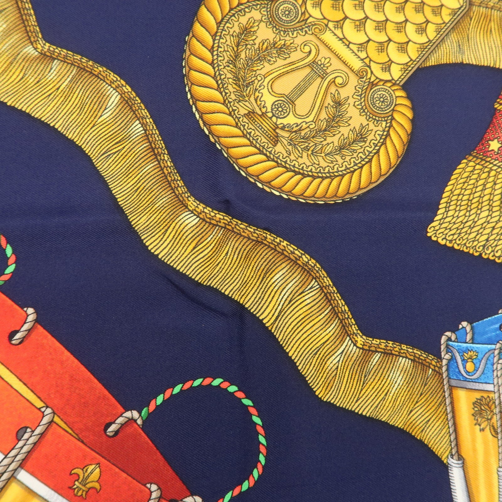 HERMES Carre 90 Silk 100% LES TAMBOURS Scarf Navy Gold