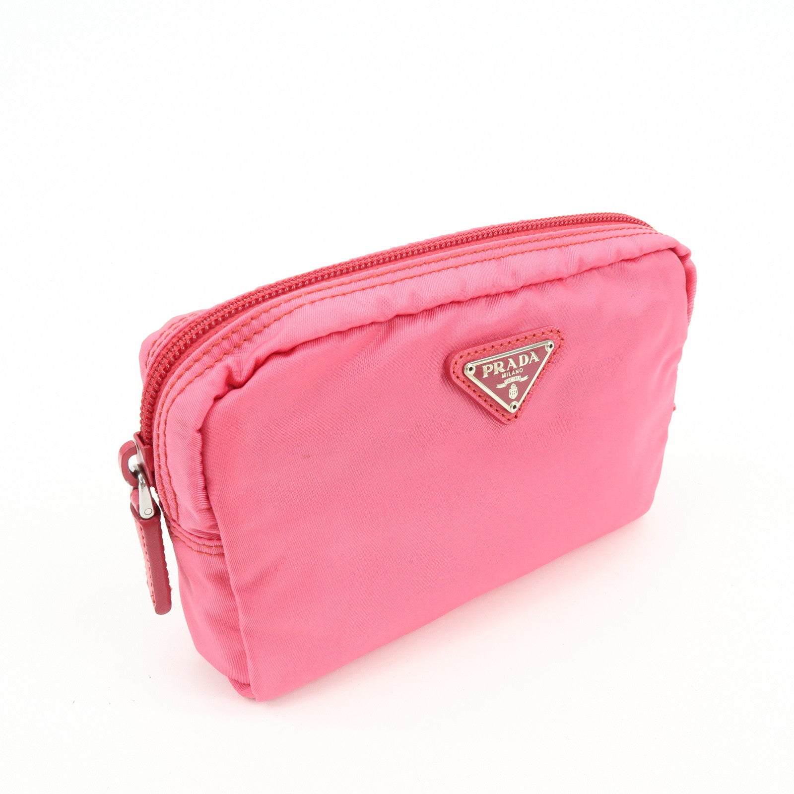 PRADA Triangle Logo Nylon Leather Cosmetic Pouch Pink 1NA021