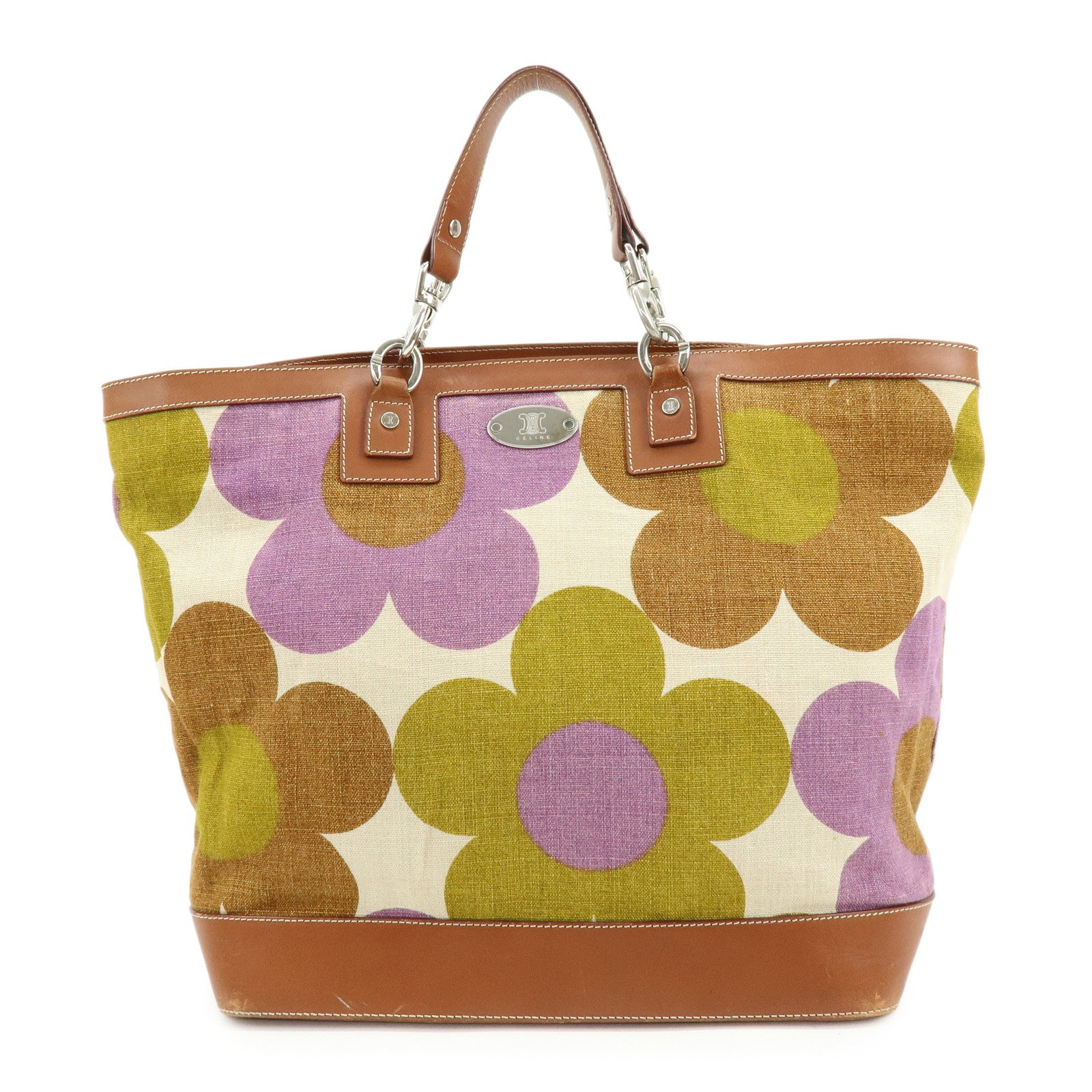 CELINE Flower Canvas Leather Tote Bag Shoulder Bag Brown Natural