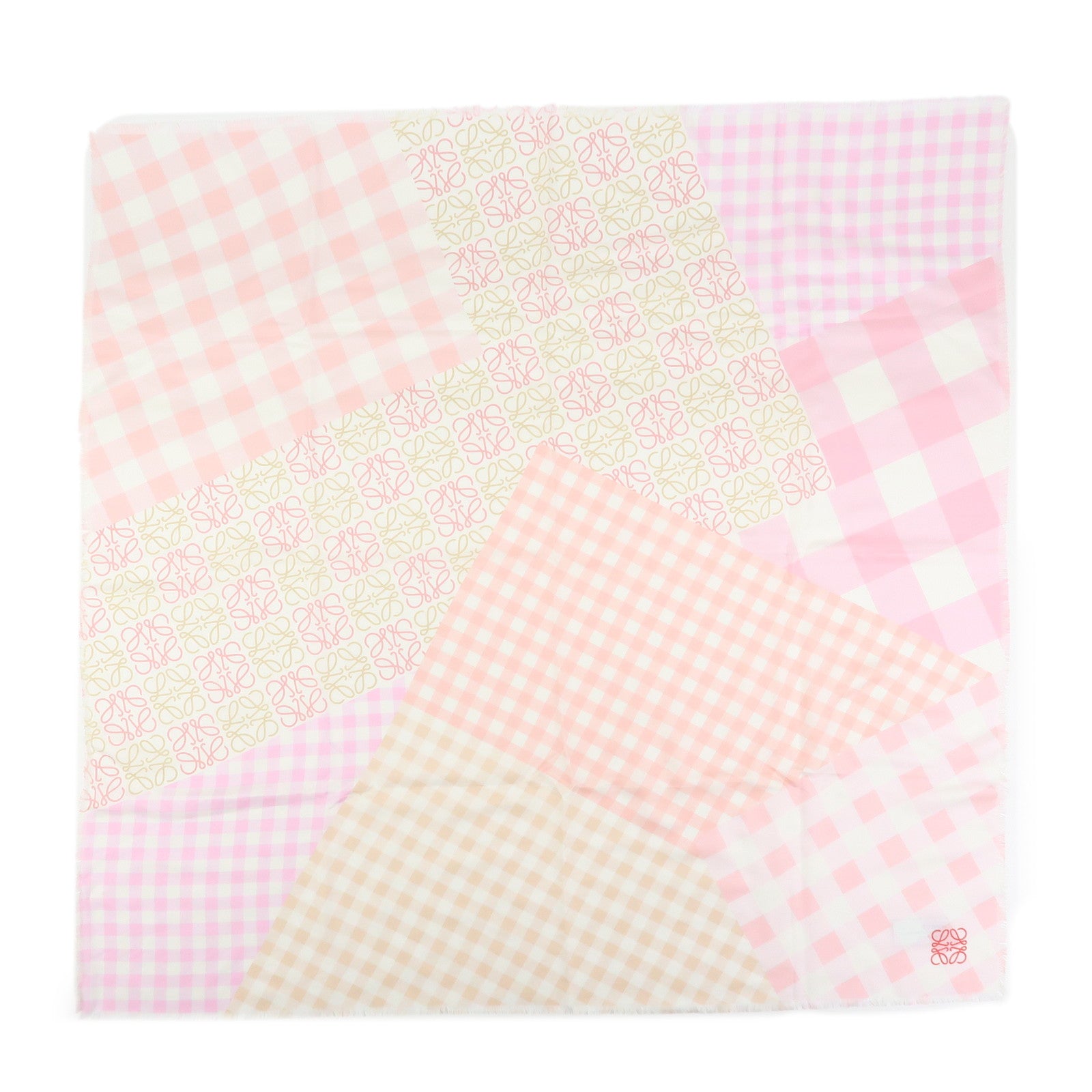 LOEWE Anagram Silk 100% Scarf Gingham Check Pink Beige