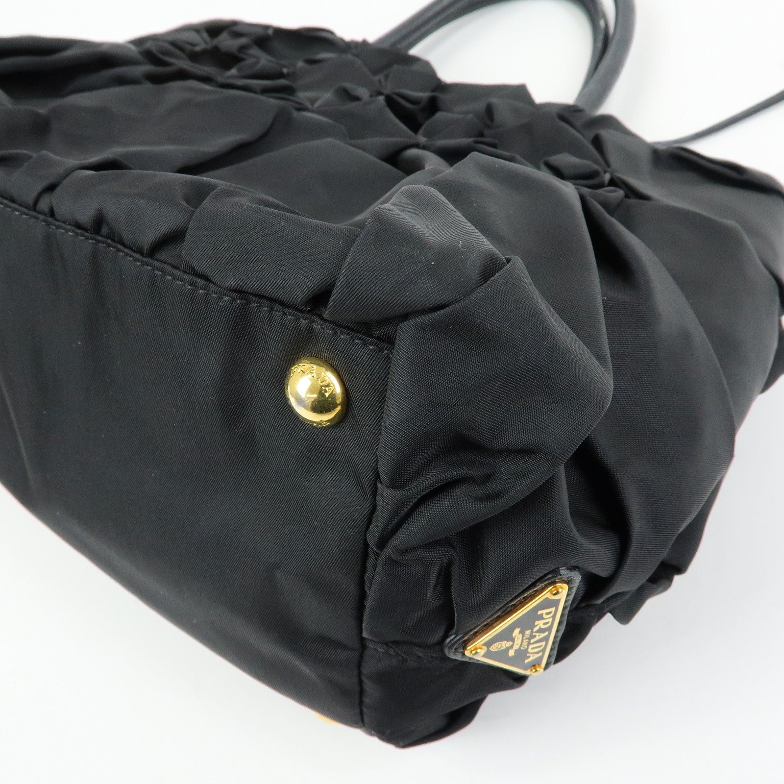 PRADA Triangle Logo Nylon Leather Hand Bag Tote Bag Black BN1701