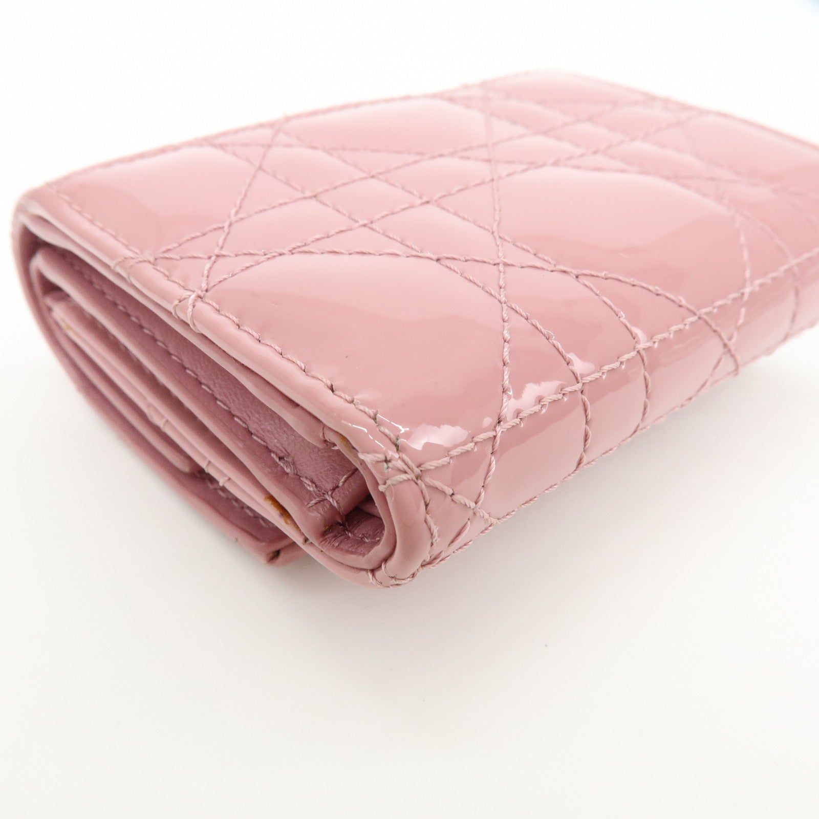 Christian Dior Cannage Patent Leather Bi-fold Compact Wallet Pink