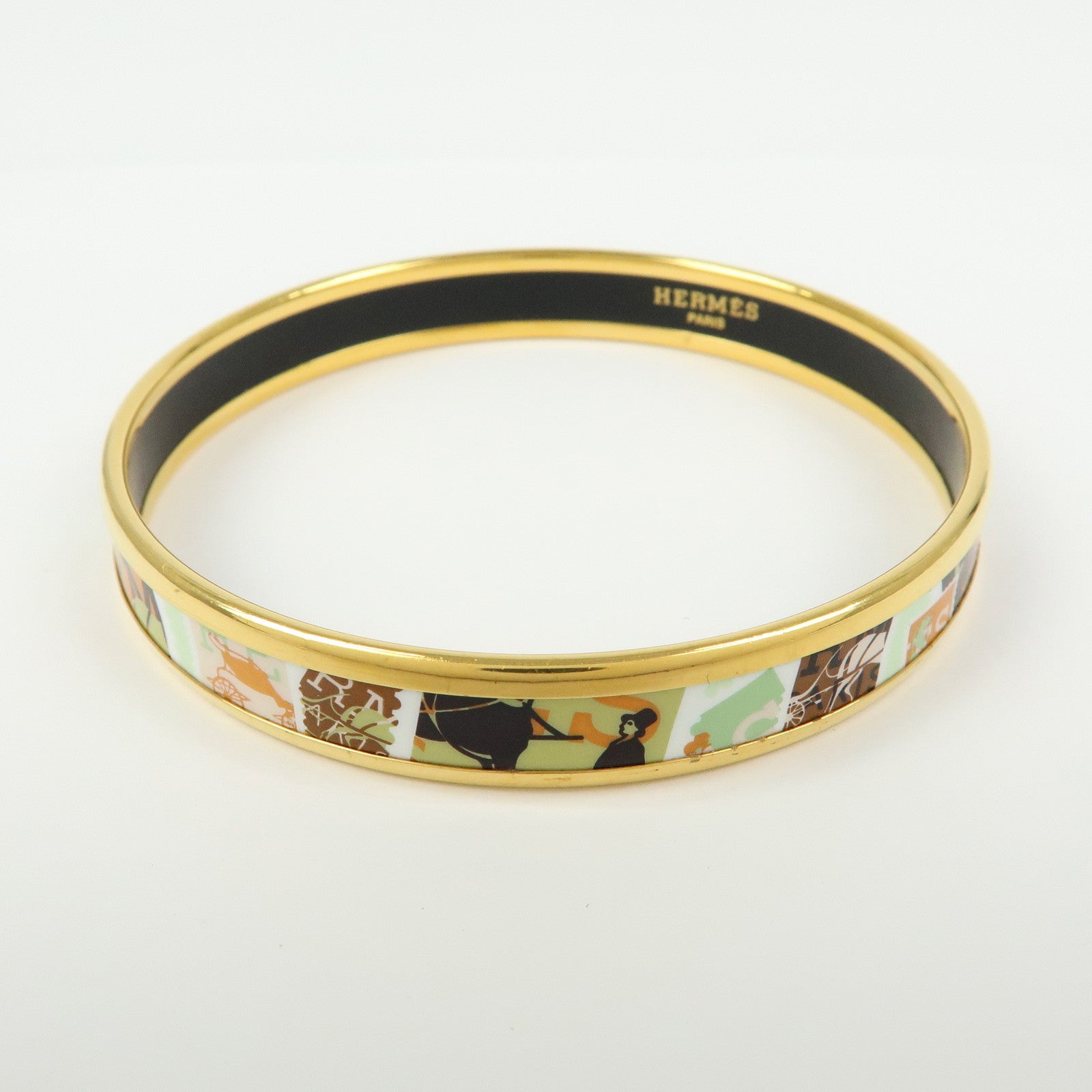 HERMES Email PM Gold Plated Bracelet Bangle Light Green Orange Gold