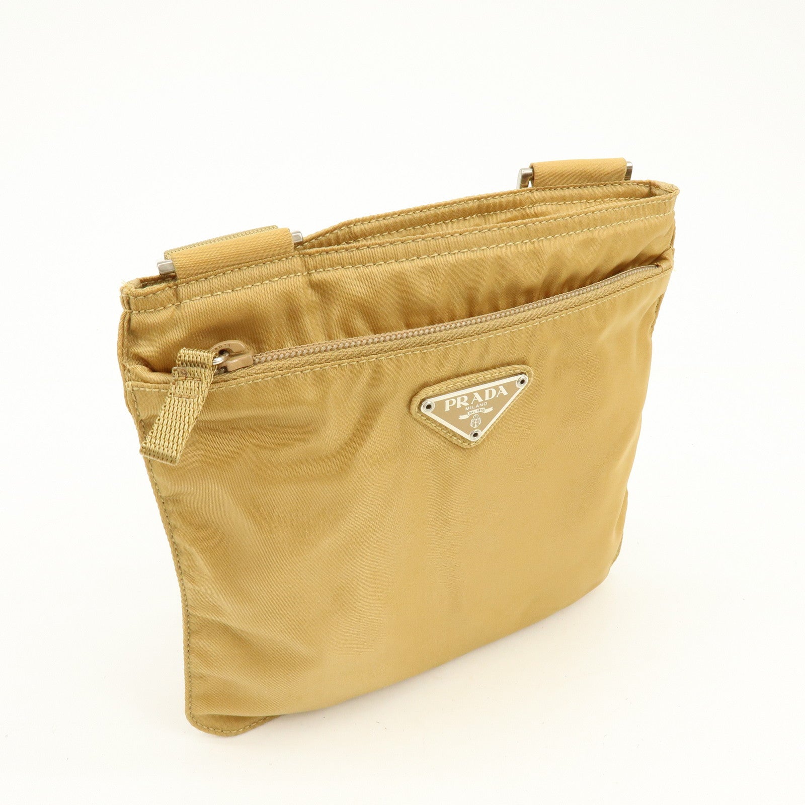 PRADA Triangle Logo Nylon Leather Shoulder Bag Beige B7372