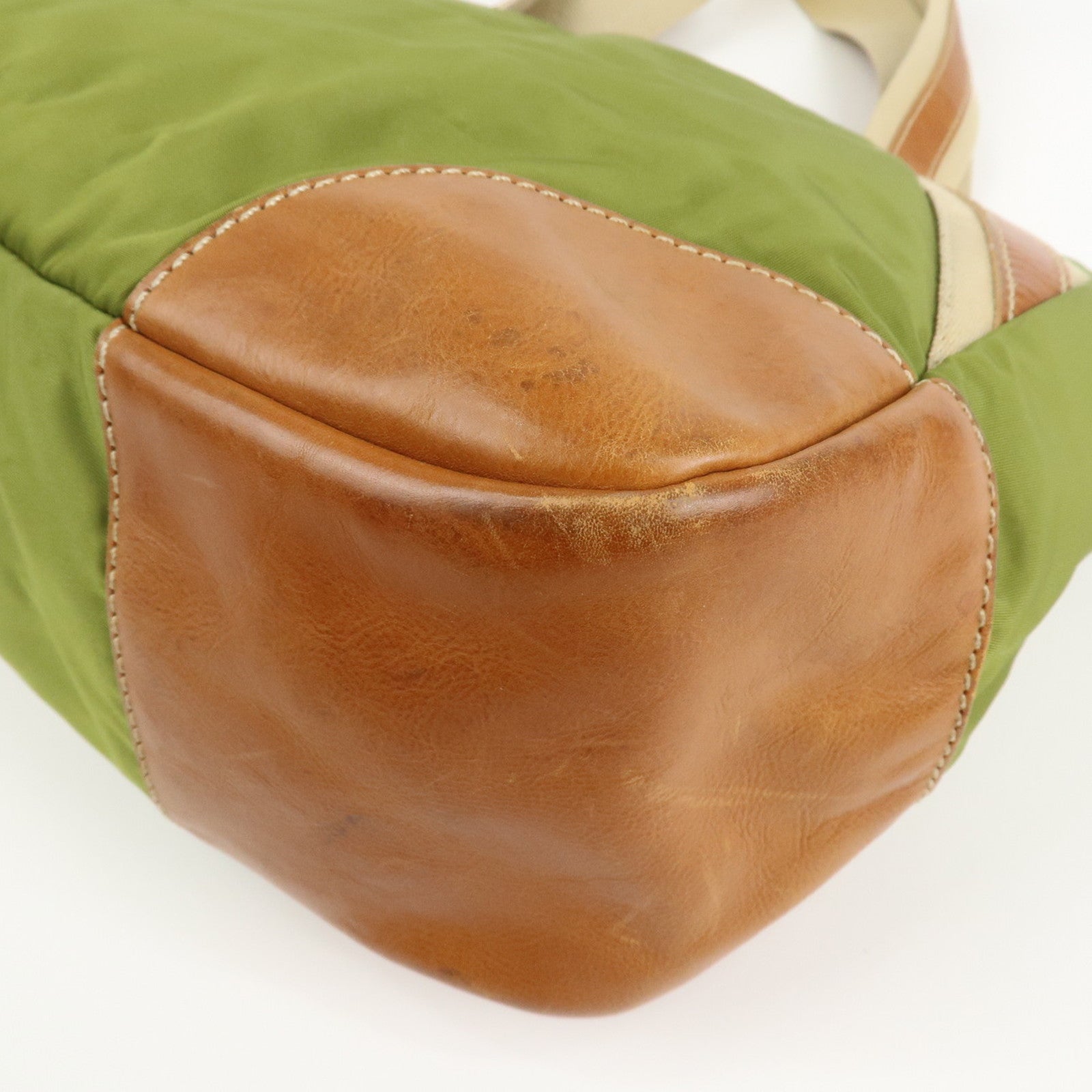 PRADA Triangle Logo Leather Nylon 2Way Tote Bag Brown Khaki