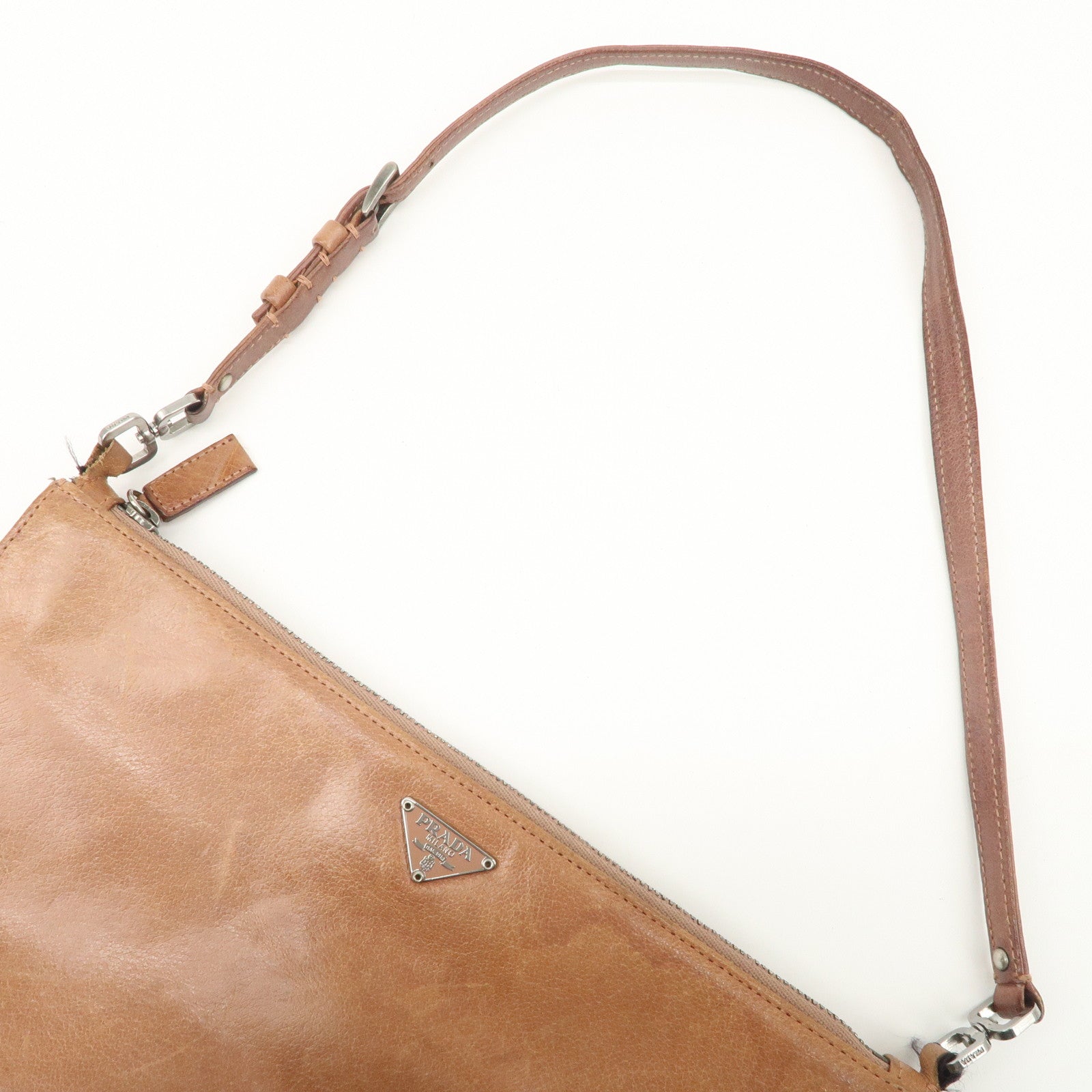 PRADA Triangle Logo Leather Shoulder Bag Hand Bag Brown Used