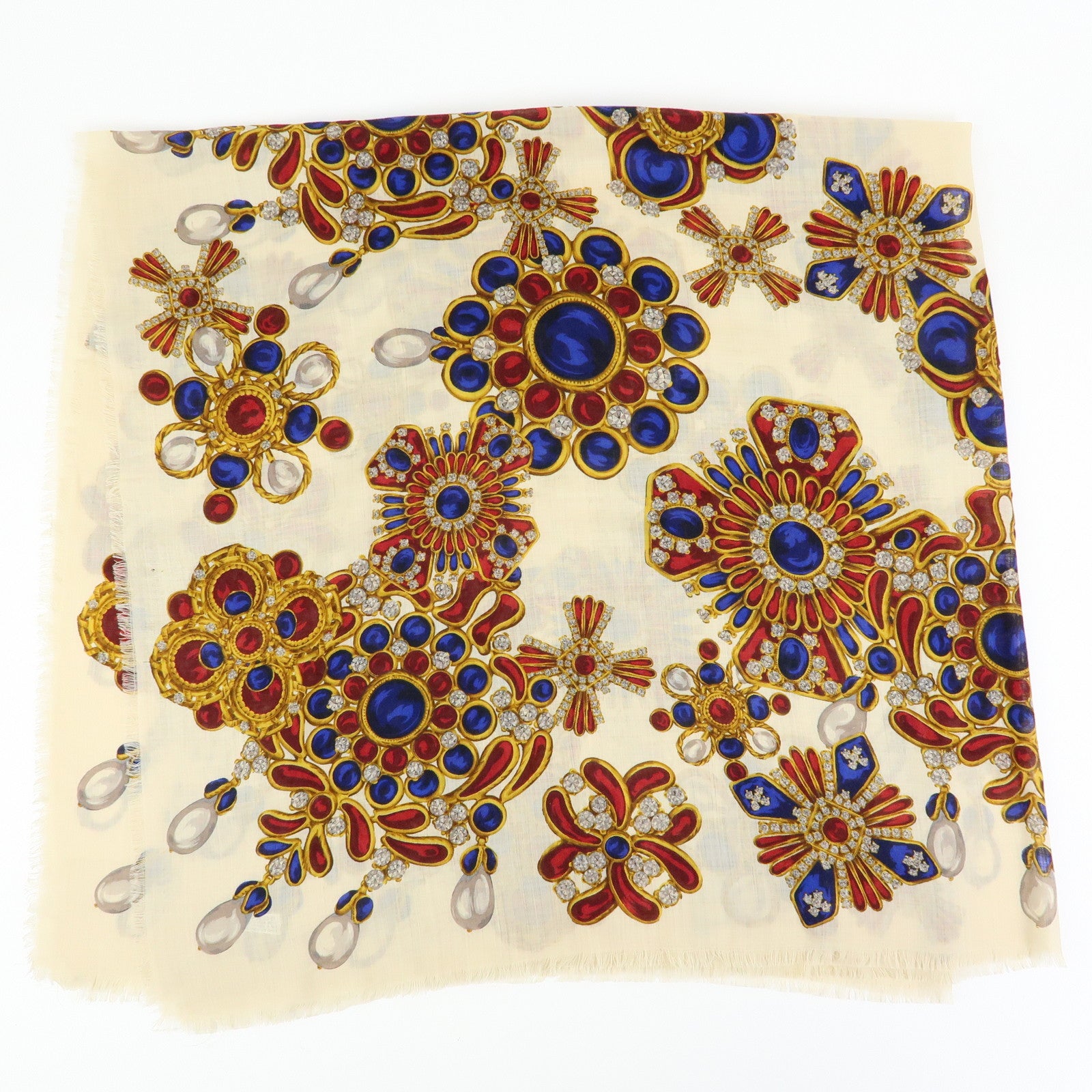 CHANEL Wook Silk Jewlry Pattern Scarf Beige Gold Red Blue
