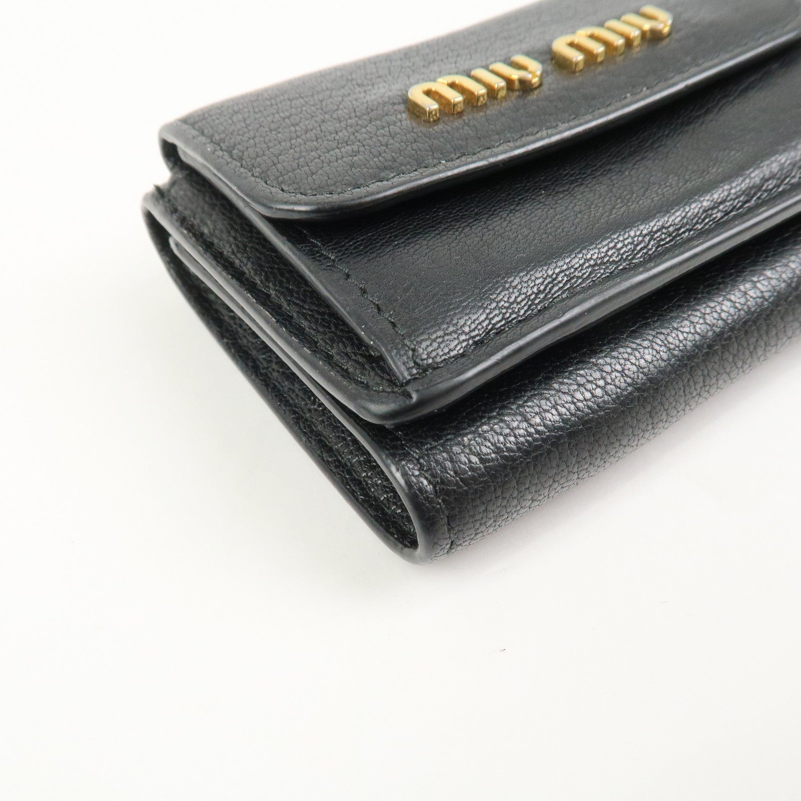 MIU MIU Logo Leather Tri-fold Compact Wallet Black 5MH020
