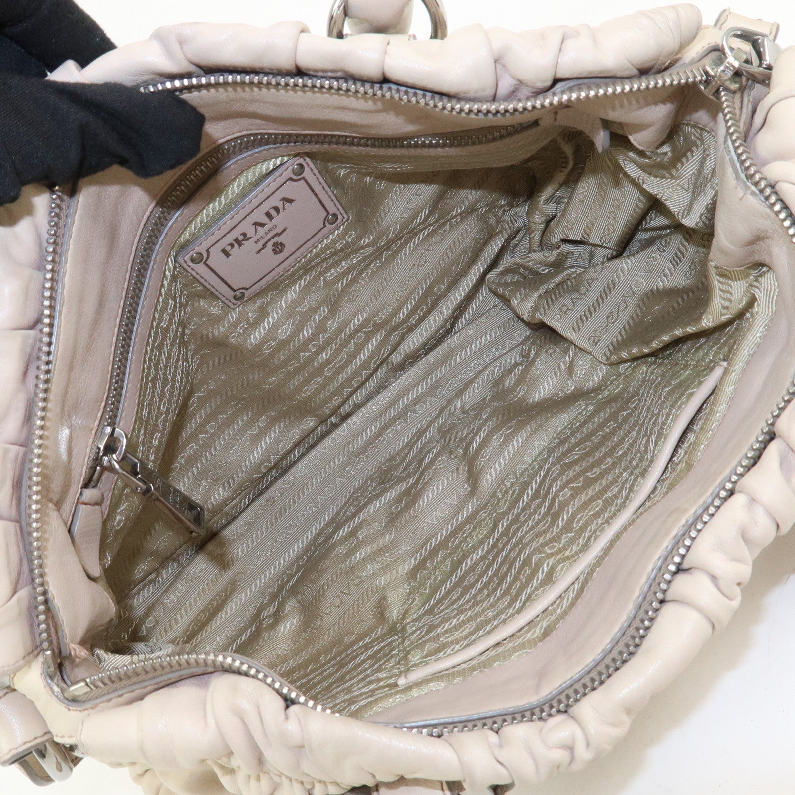 PRADA Nappa Leather Gathered 2Way Tote Shoulder Bag Beige BN1407