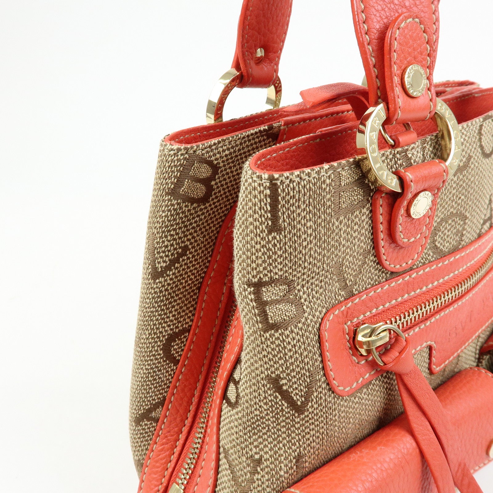 BVLGARI Logomania Canvas Leather 2Way Hand Shoulder Bag Brown Coral