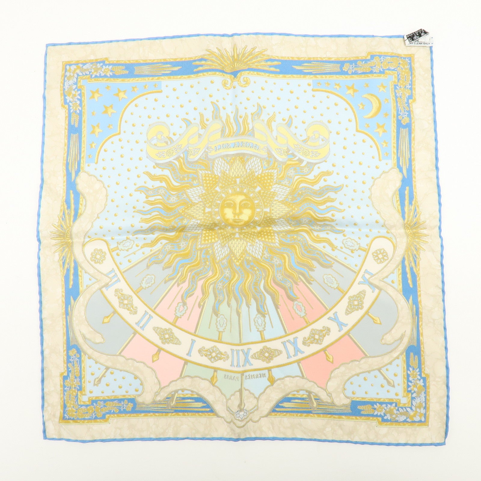 HERMES Carre 40 Silk 100% GLORIA SOLI Scarf Light Blue Gold