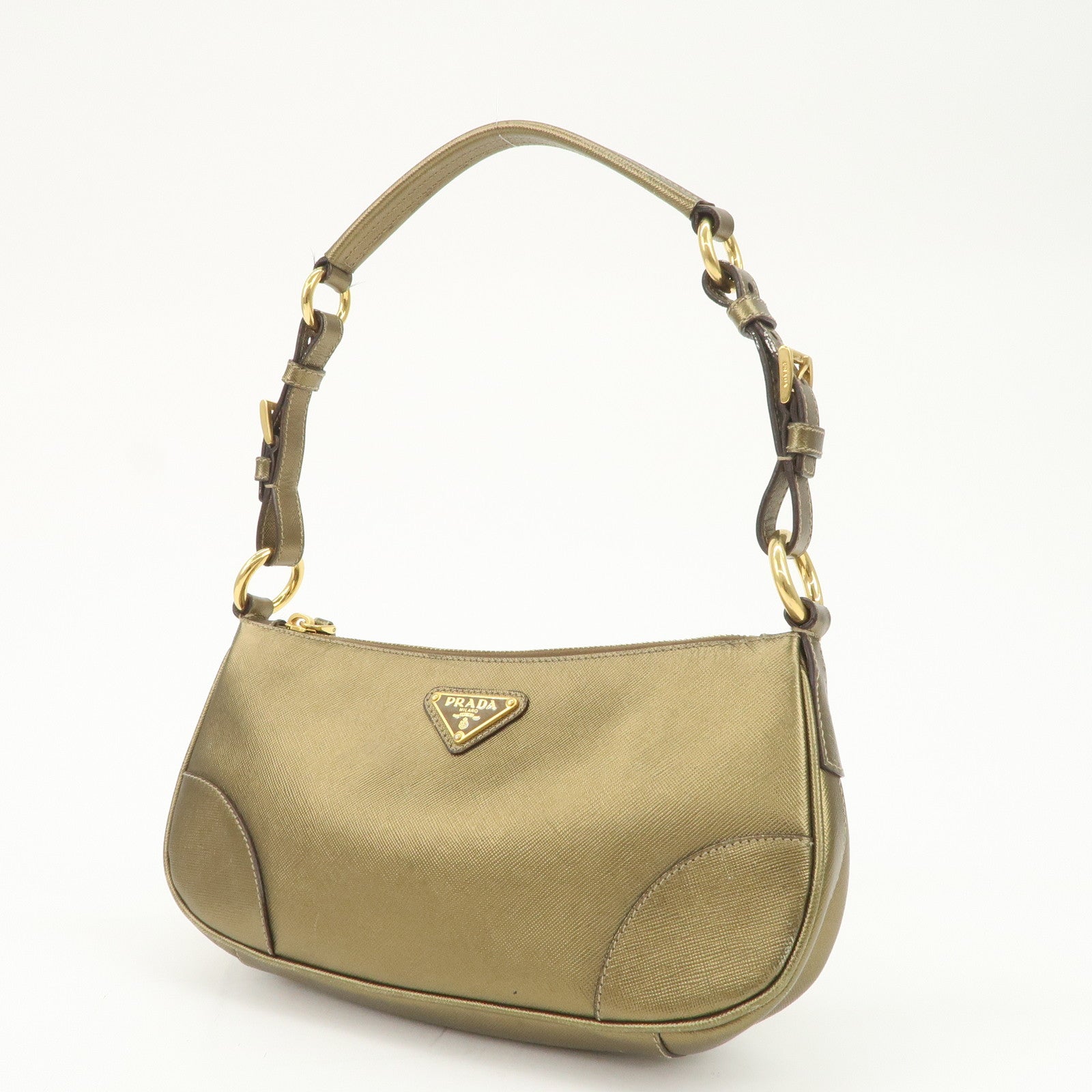 PRADA Triangle Logo Saffiano Leather Shoulder Bag Hand Bag Gold