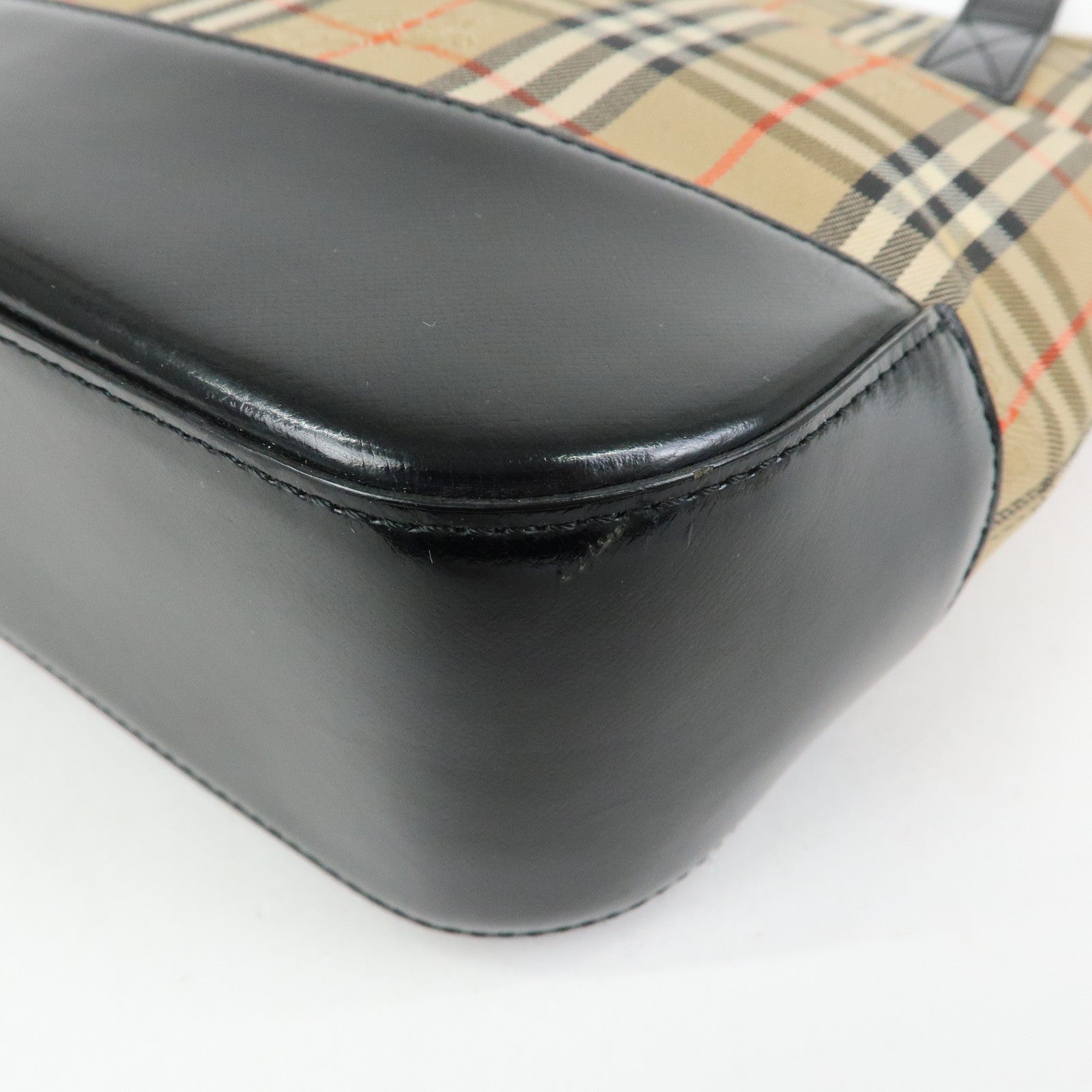 BURBERRY Canvas Leather Nova Plaid Tote Shoulder Bag Beige Black