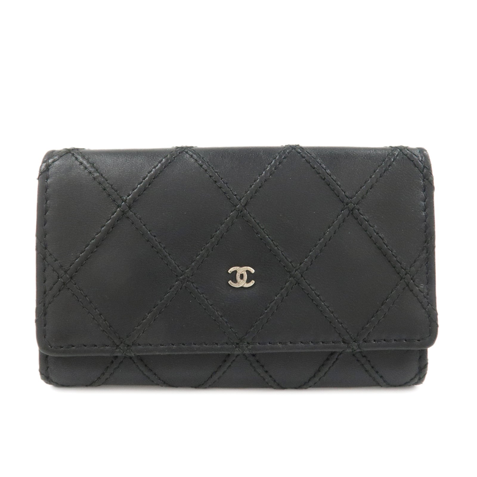 CHANEL Bicolore COCO Mark Lamb Skin 6 Rings Key Case Black