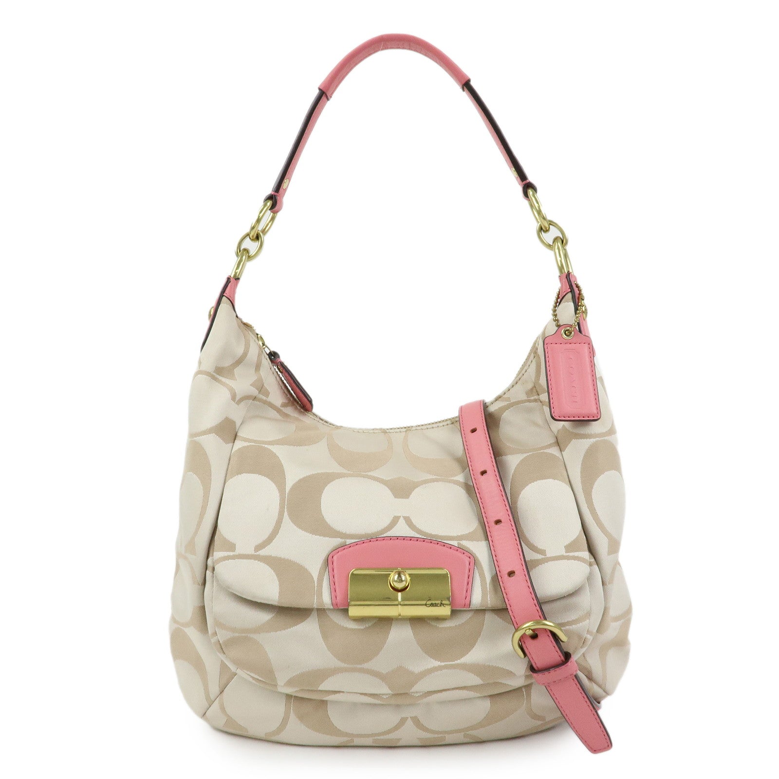 COACH Signature Nylon Leather 2Way Shoulder Bag Hand Bag Beige Pink