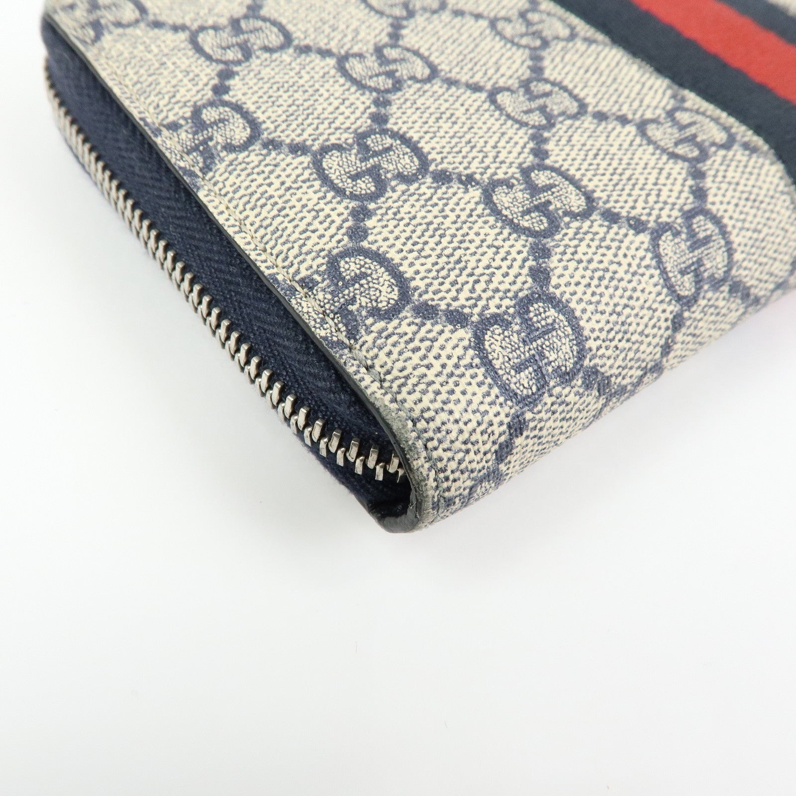 GUCCI Sherry GG Supreme Web Stripe Long Wallet Beige Navy 408831