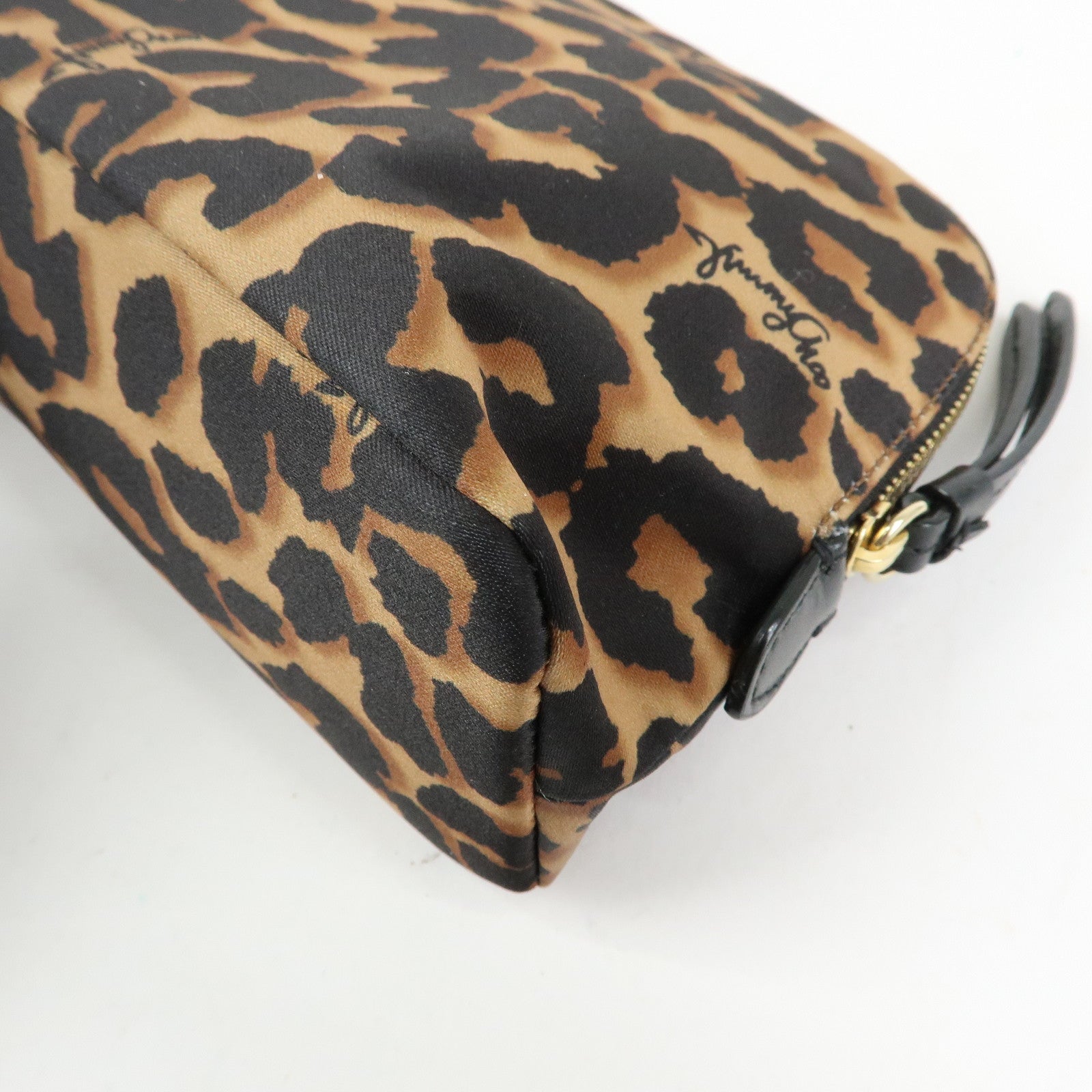 JIMMY CHOO Nylon Leather Leopard Clutch Pouch Makeup Bag Brown