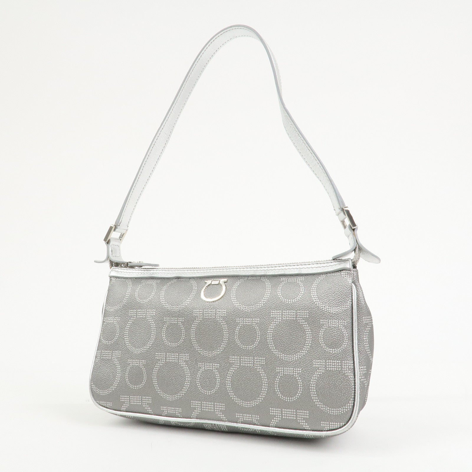 Ferragamo Gancini Logo Leather Shoulder Bag Hand Bag Silver