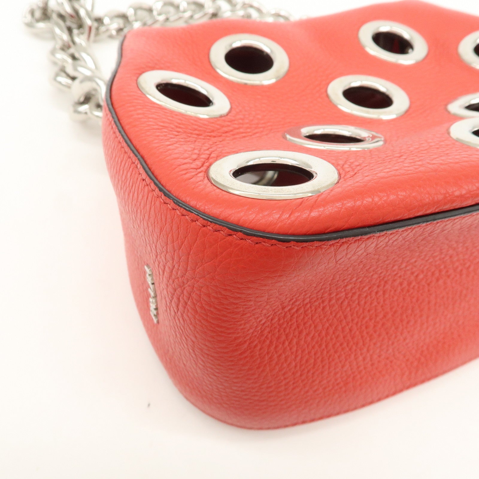 PRADA Logo Grommet Leather Chain Shoulder Bag Red Silver 1BA027