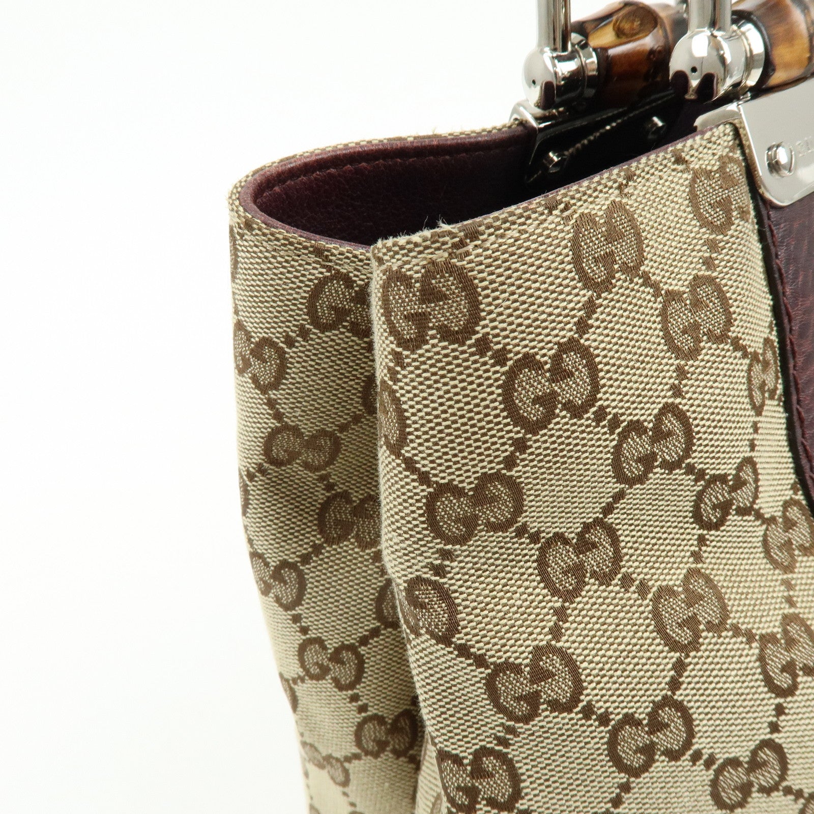 GUCCI Bamboo GG Canvas Leather Tote Hand Bag Beige Purple 232947