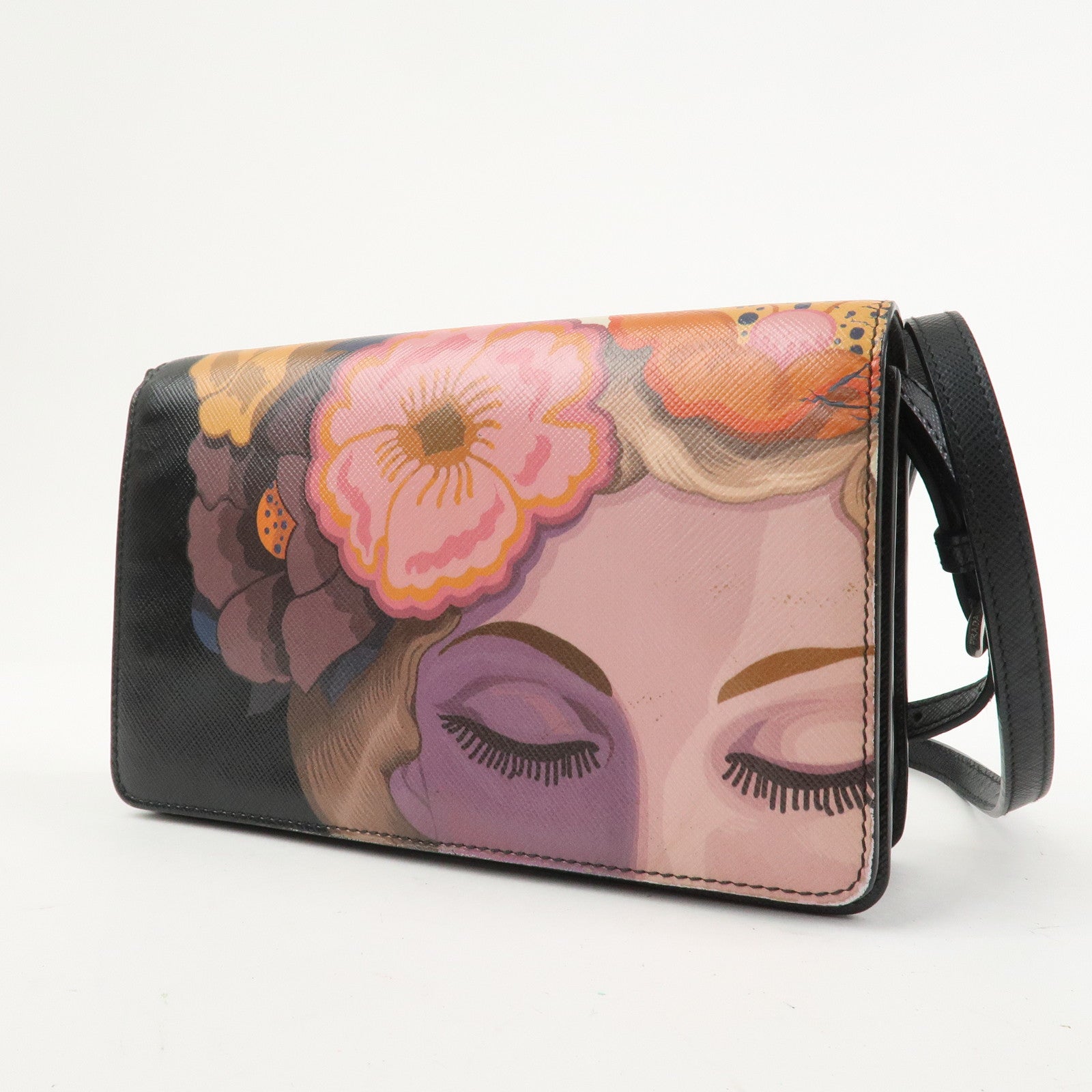 PRADA Flower Print Saffiano Leather Shoulder Bag Hand Bag Black