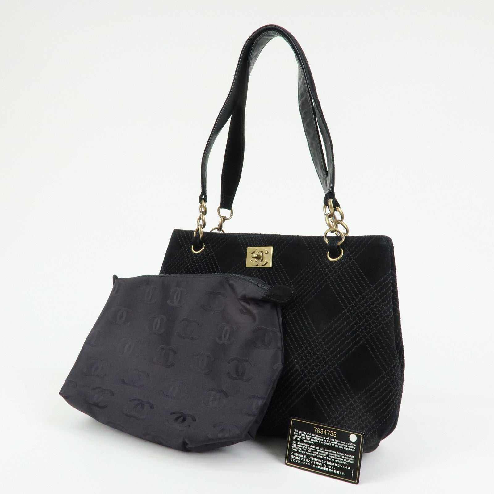 CHANEL COCO Mark Wild Stitch Suede Lamb Skin Tote Bag Black
