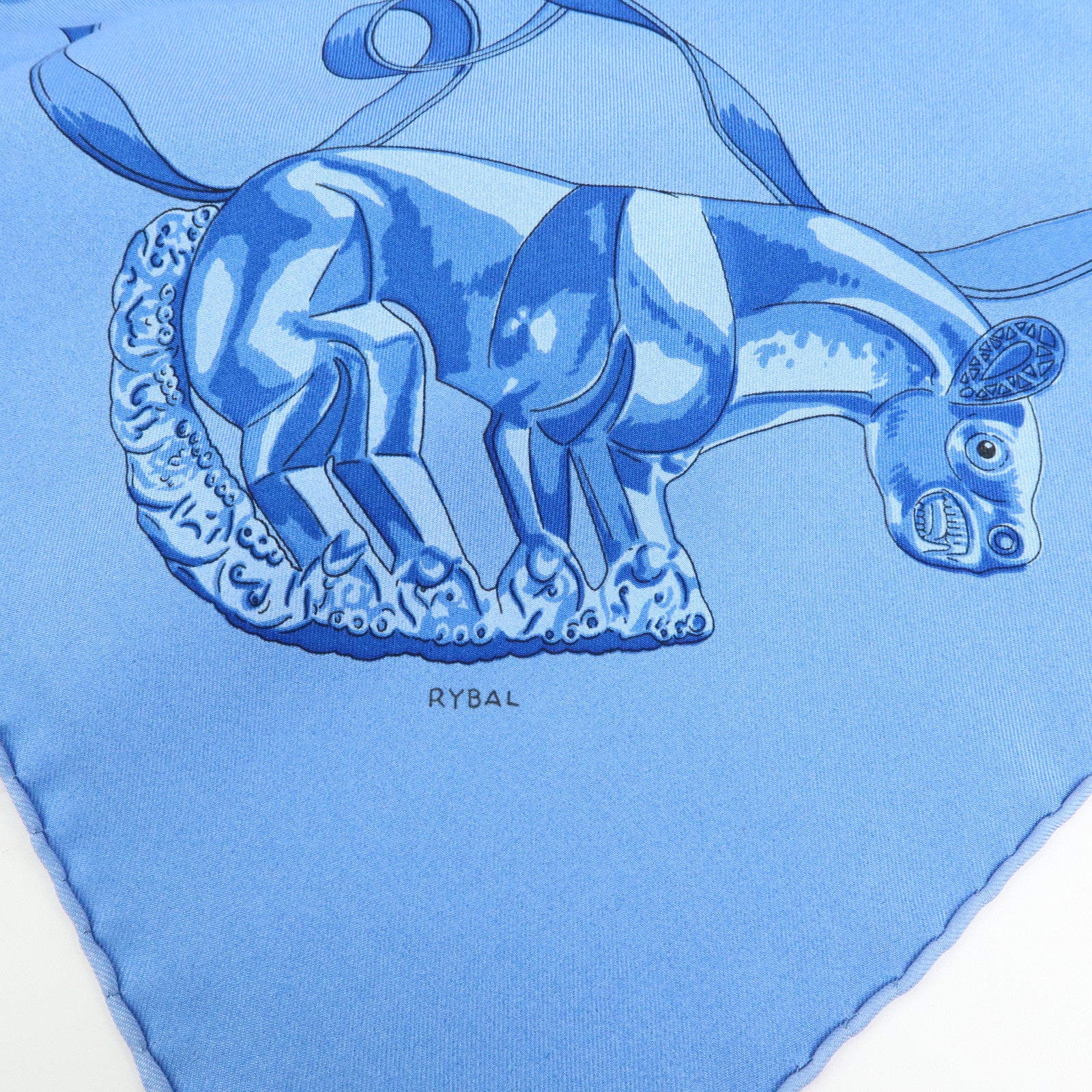 HERMES Carre 90 Silk 100% LES CAVALIERS D'OR Scarf Light Blue