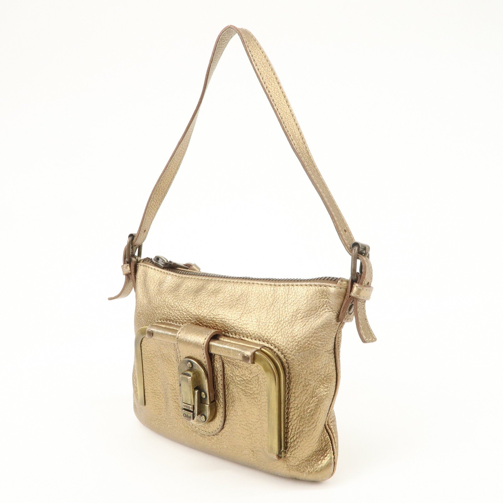 Chloe Logo Leather Shoulder Bag Hand Bag Gold Used