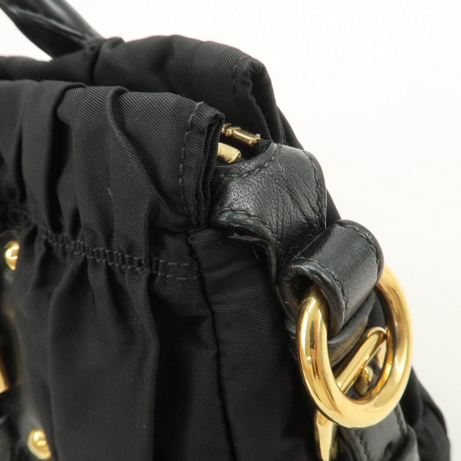 PRADA Nylon Leather Gathered 2Way Hand Shoulder Bag Black BN1407
