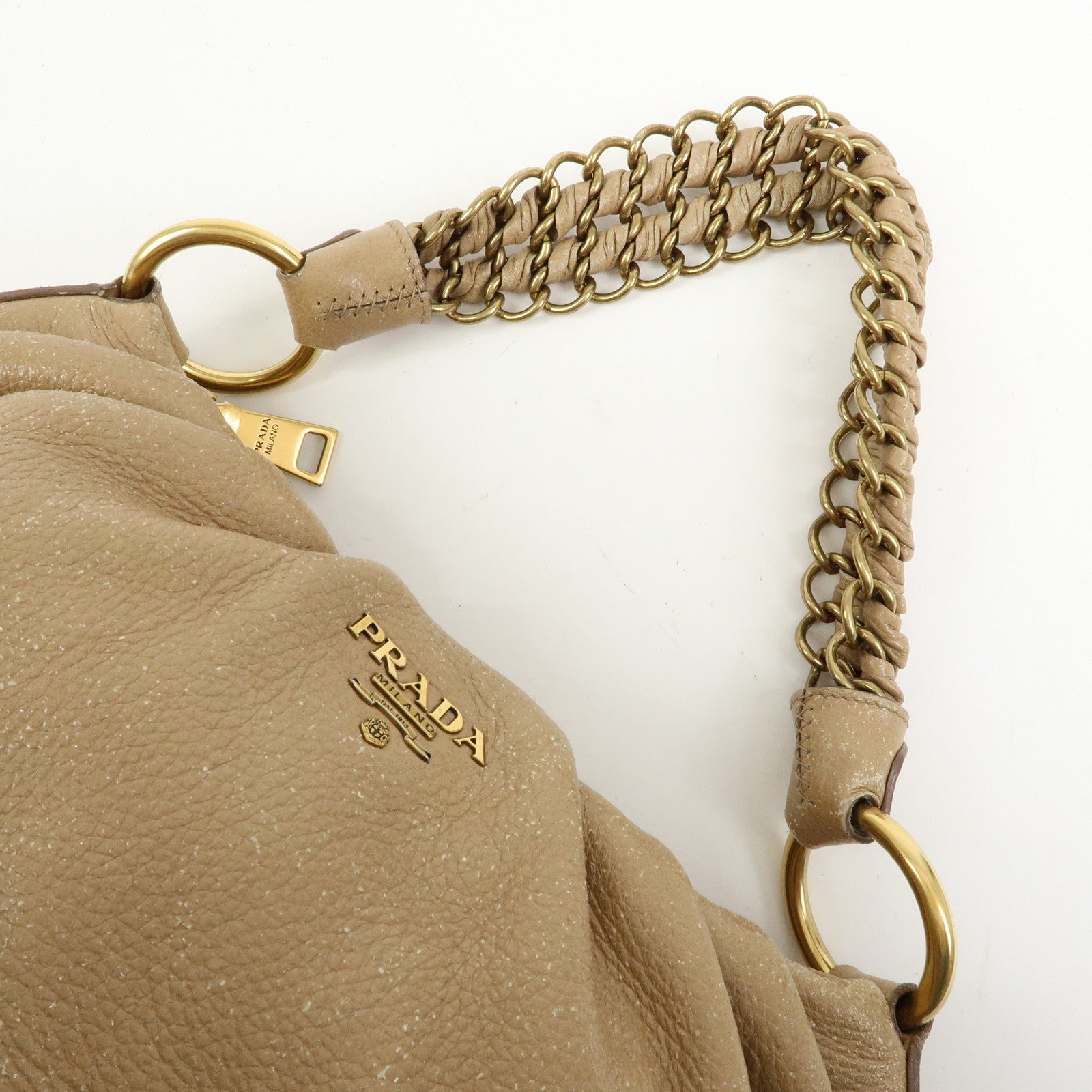 PRADA Logo Leather Chain One Shoulder Bag Light Brown BR4243