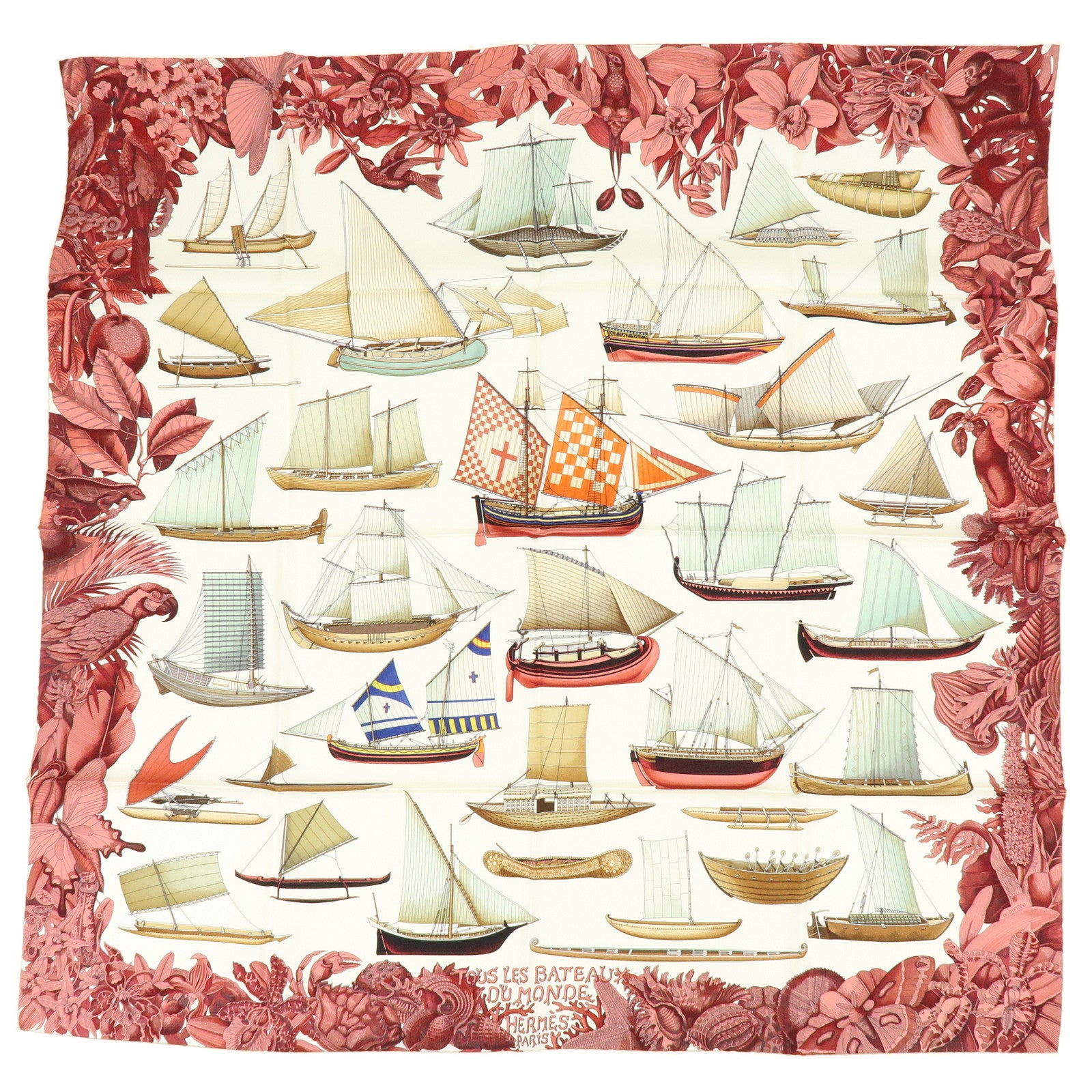 HERMES Carre 90 Silk 100% Scarf Tous Les Bateaux du Monde White Red
