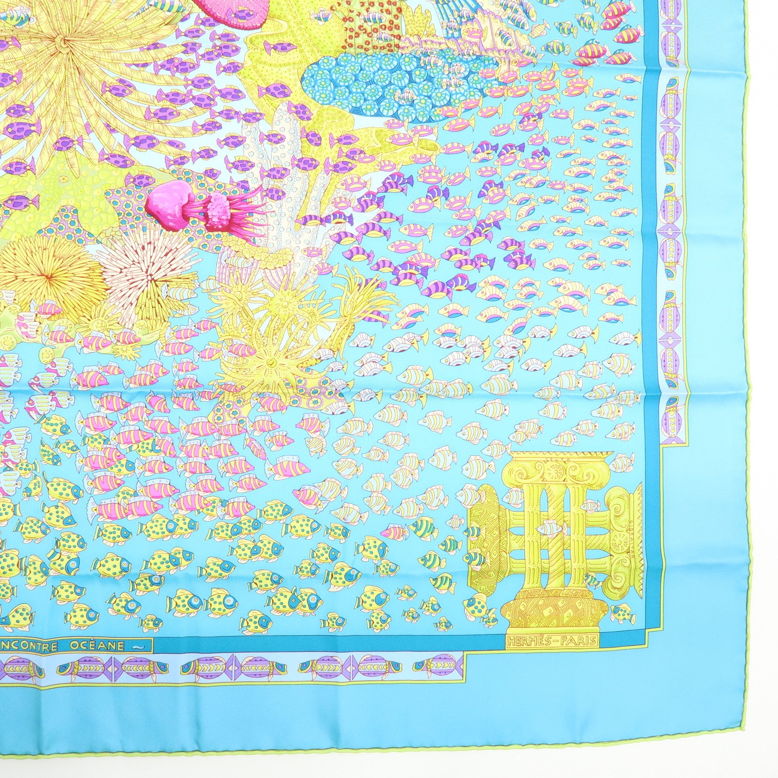 HERMES Carre 90 Silk 100% Scarf RENCONTRE OCEANE Light Blue Yellow