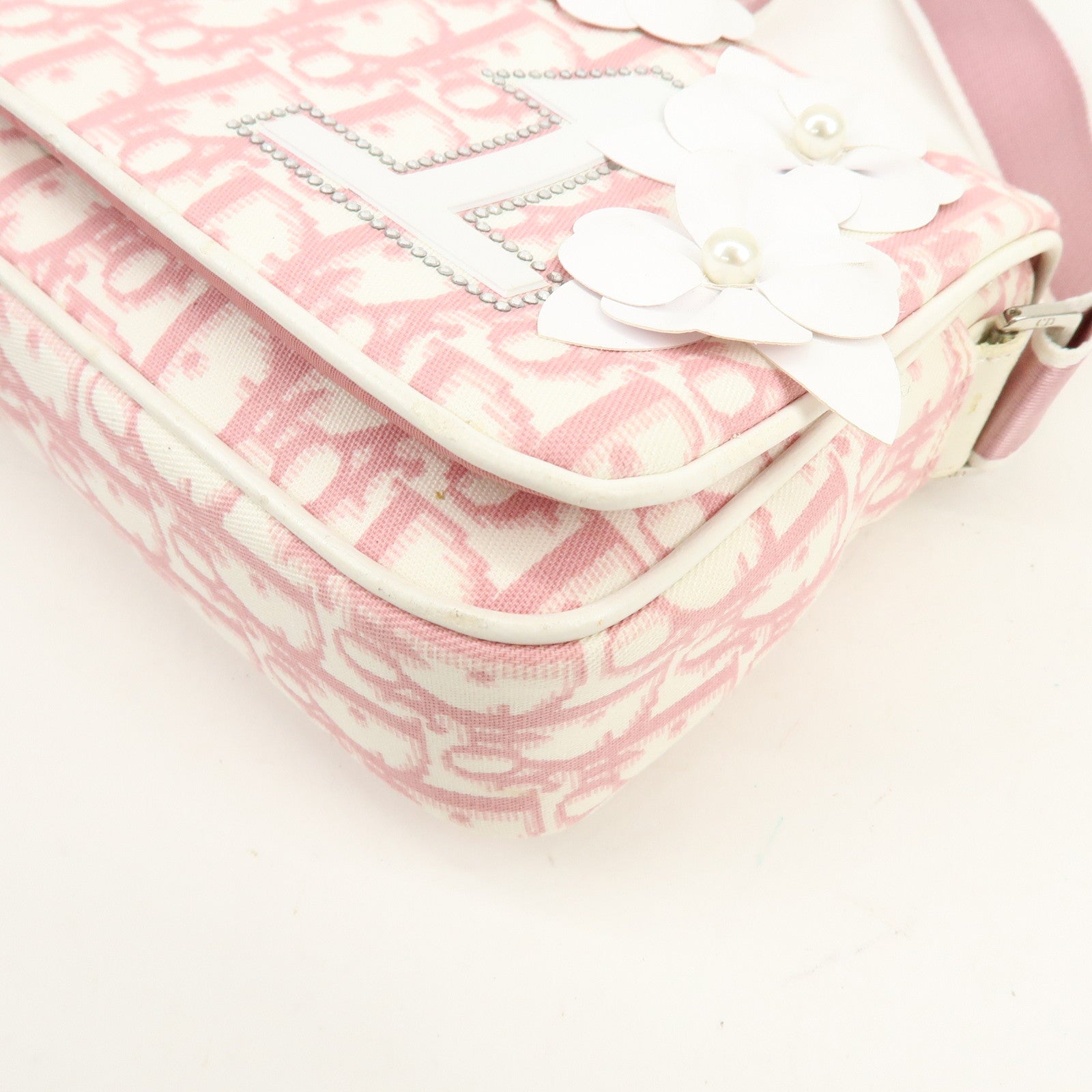 Christian Dior Trotter Canvas Rhinestone Leather Shoulder Bag Pink