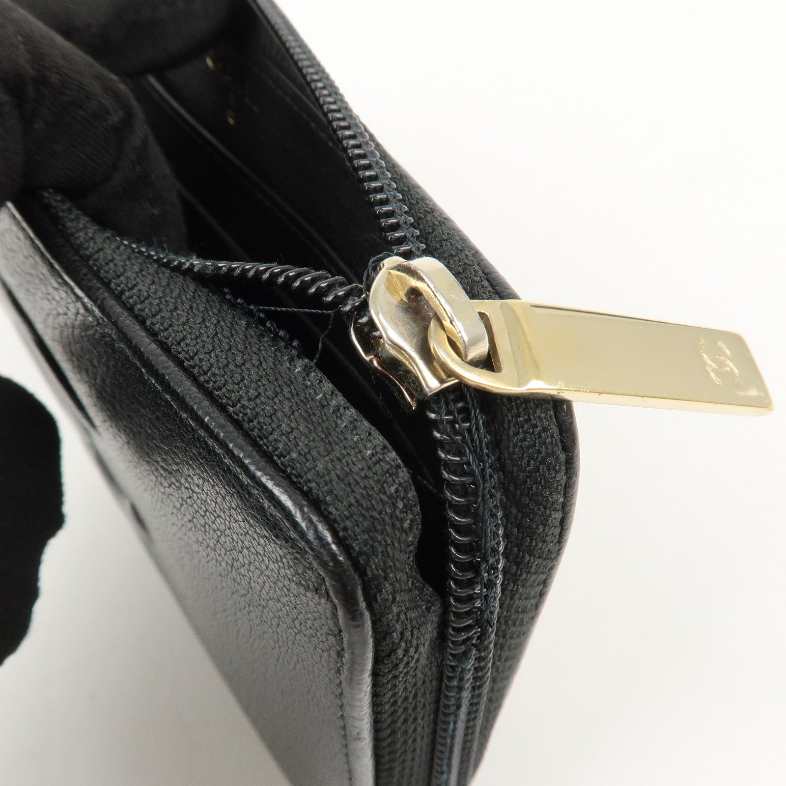 CHANEL Set Of 2 Leather Bi-Fold Long Wallet Key Case Black Gold