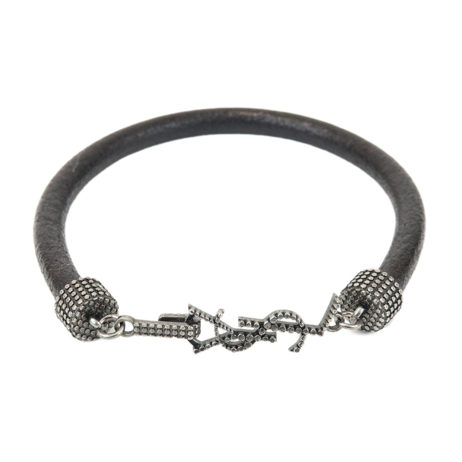 SAINT LAURENT Leather Metal Cassandre Bracelet Black