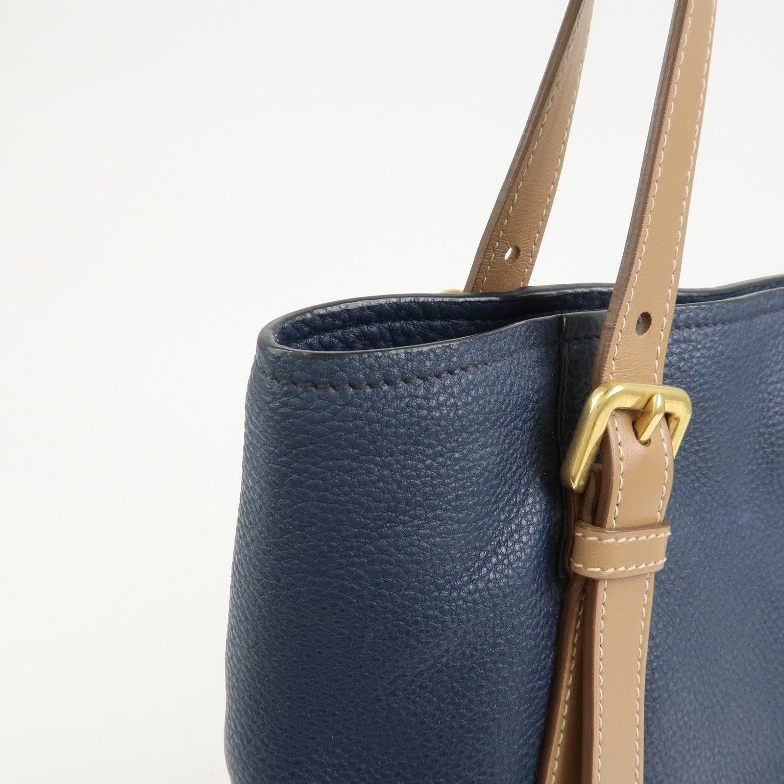 PRADA Logo Leather Tote Bag Shoulder Bag Navy Light Brown 1BG064