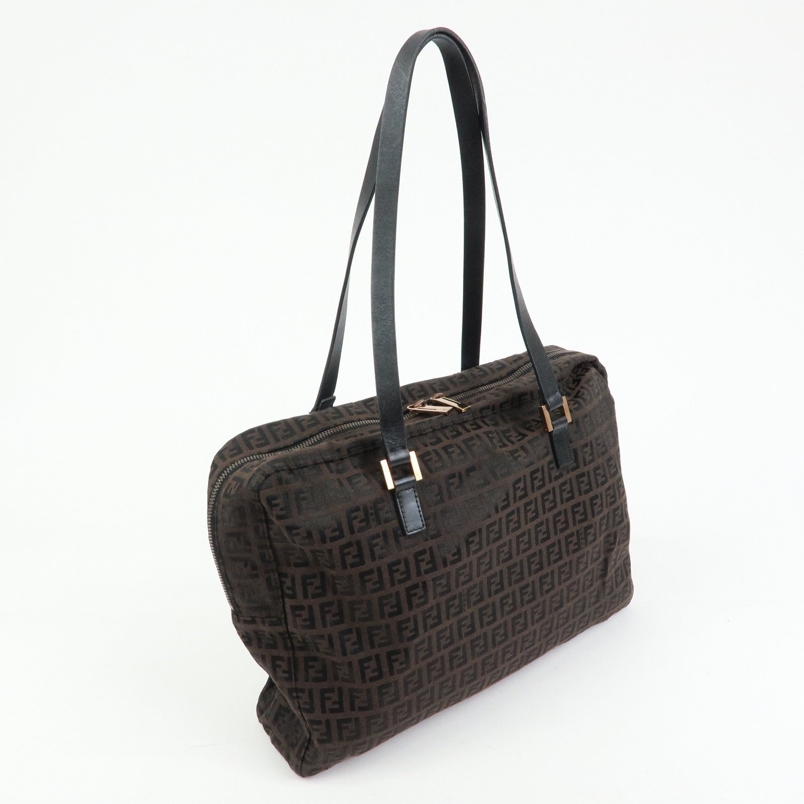 FENDI Zucchino Canvas Leather Tote Shoulder Boston Bag Brown 8BH031