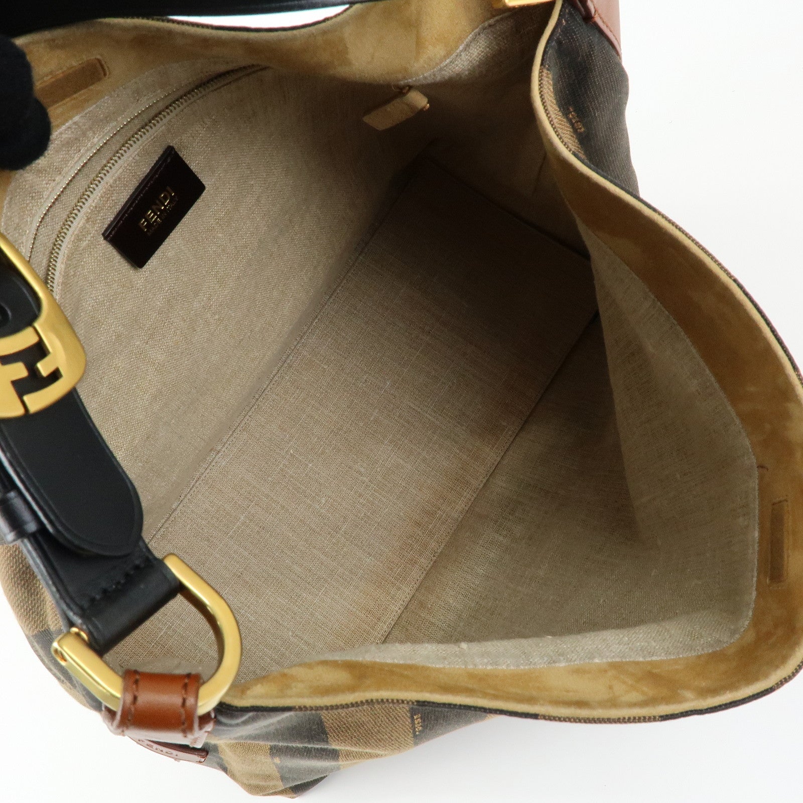 FENDI Pequin Canvas Leather Shoulder Bag Brown Black 8BR653