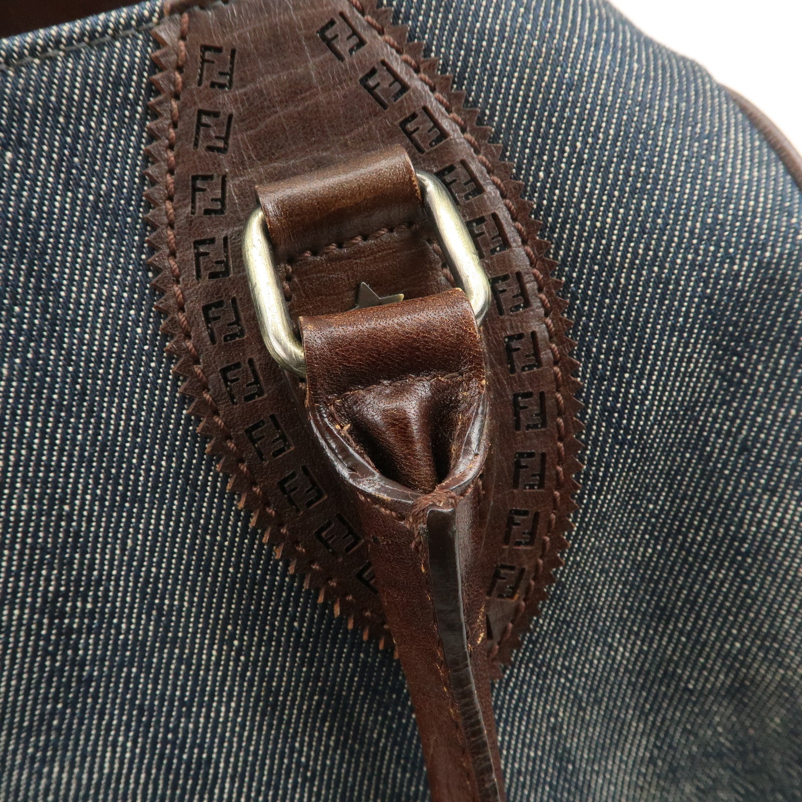 FENDI Etonico Denim Leather Tote Bag Shoulder Bag Brown 8BN162