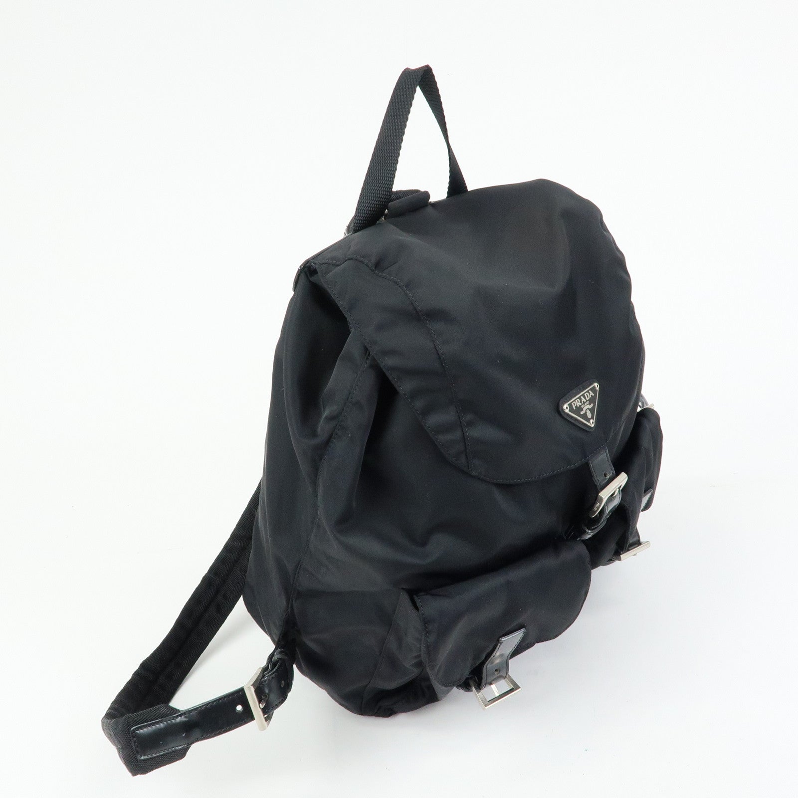 PRADA Triangle Logo Nylon Leather Backpack Rucksuck Black