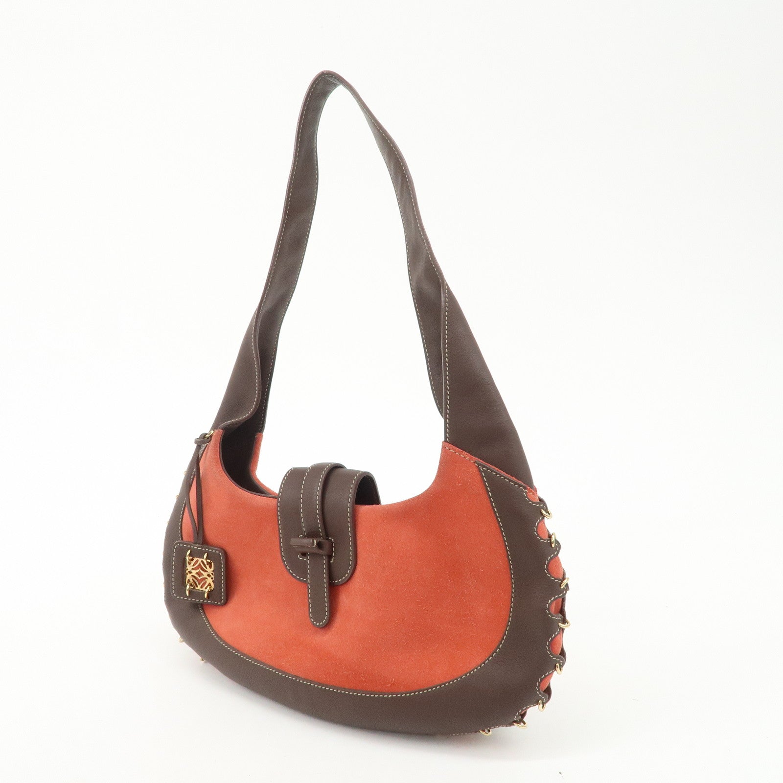 LOEWE Leather Suede Shoulder Bag Hand Bag Brown Red Gold HDW